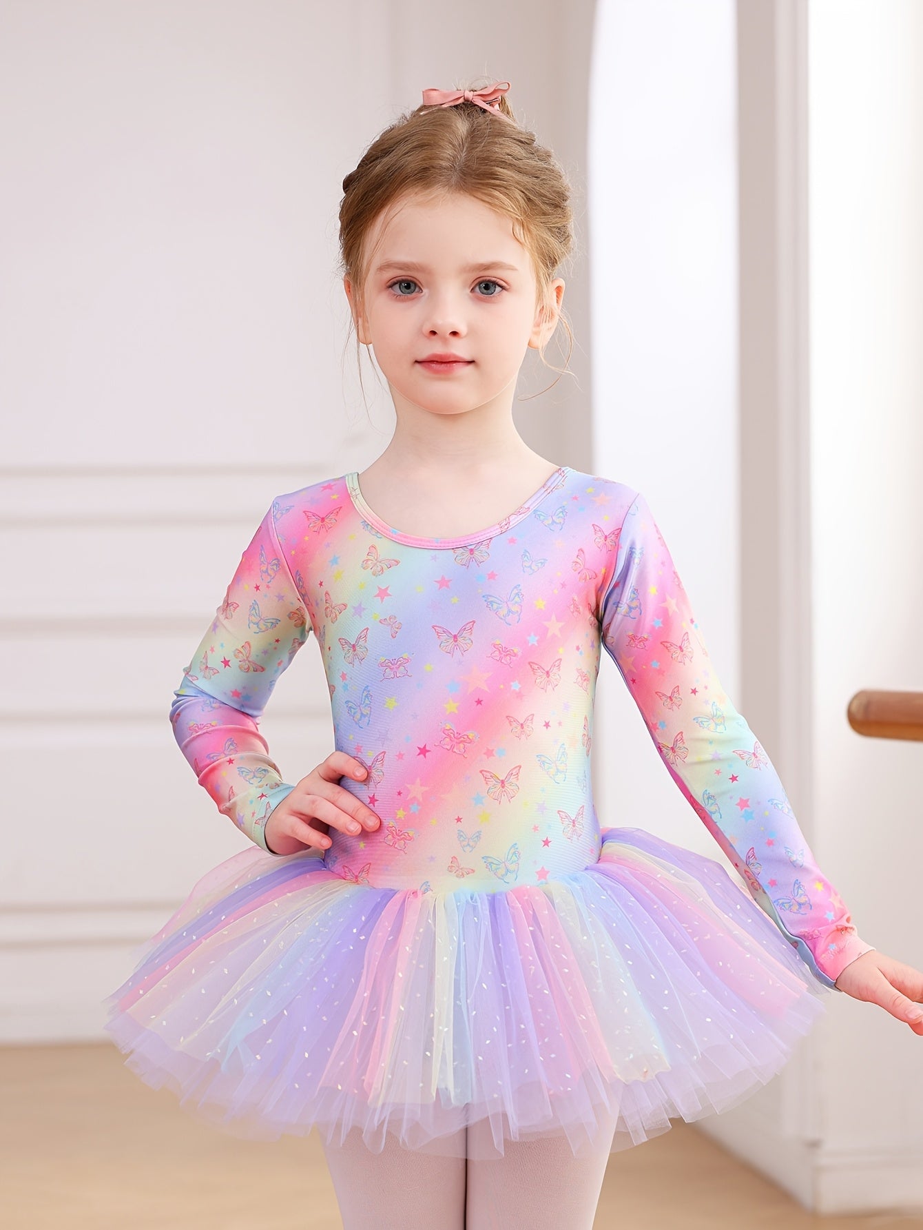Christmas Gift Girls' Outfit - Long Sleeve Star Rainbow Butterfly Print One-Piece Tulle Puffy Dress, Non-Detachable Fall Ballet Gymnastics Leotard For Daily Wear, Birthday Party, Dance Performance, Outdoor Sports