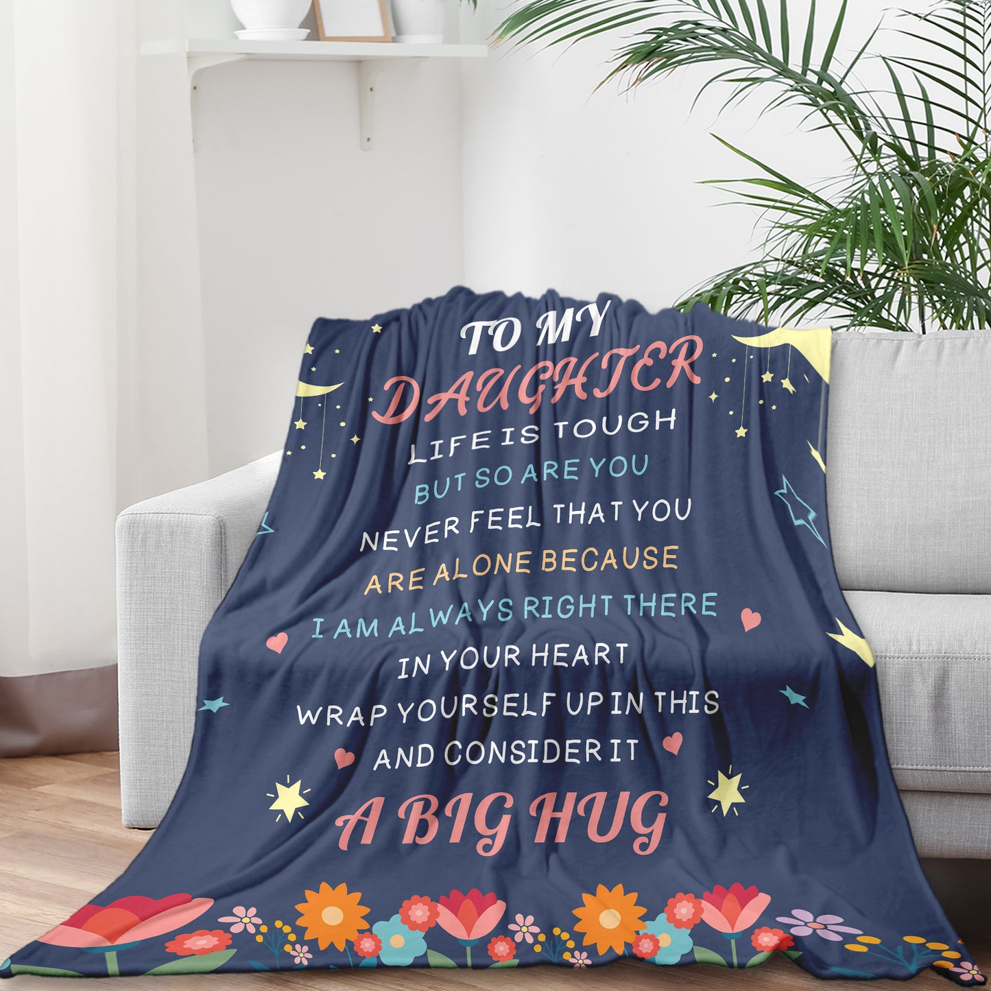 To My Daughter Blanket Moon Stars Floral Accents Soft Cozy Throw For Bed Dorm Gift For Teens Girls Graduation 280GSM