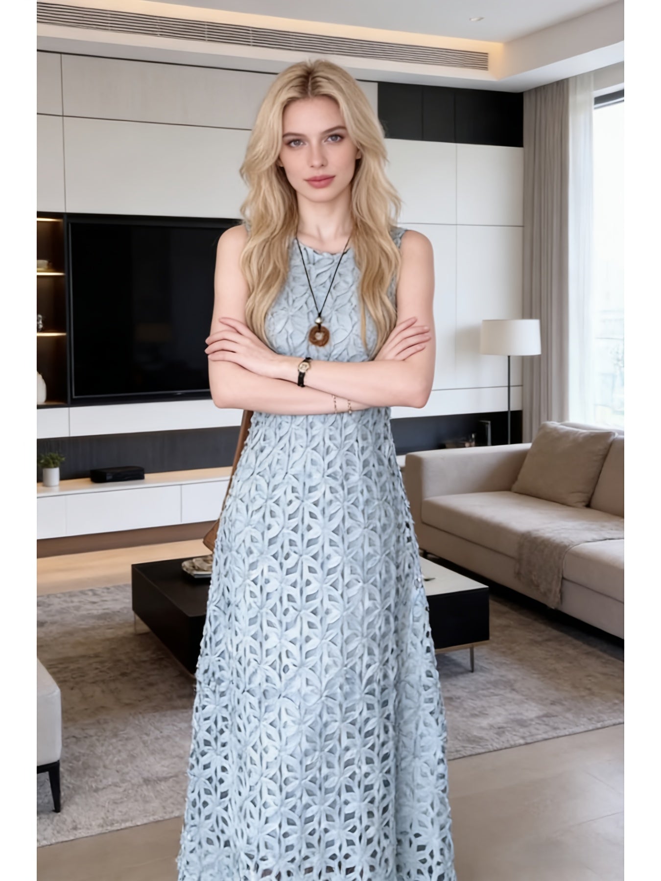 Mint Green Summer Heavy Industry Three-dimensional Floral Hollow-out Dress | Women'S French Gentle Style Temperament Sleeveless Long Dress, Crew Neck, Fit and Flare, Elegant Solid Color Pattern