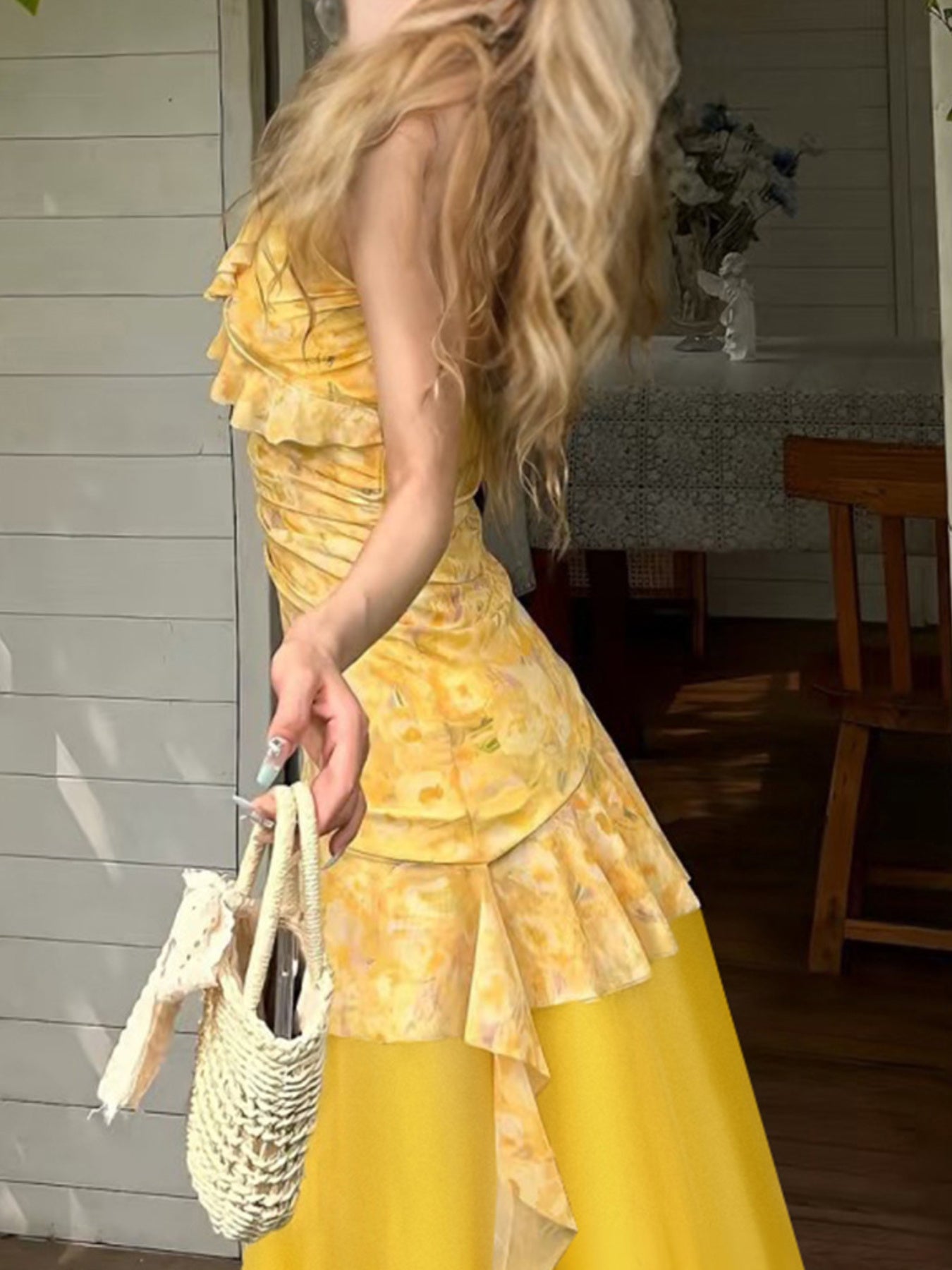 Scacto Women'S Elegant French Chic Camisole Midi Dress | Soft Fabric Classic Fit with Irregular V-Neck and Floral Print, Trendy High Waist Mesh Patchwork Design, Perfect for Spring Summer Weekend Errands and Casual Friday, Li