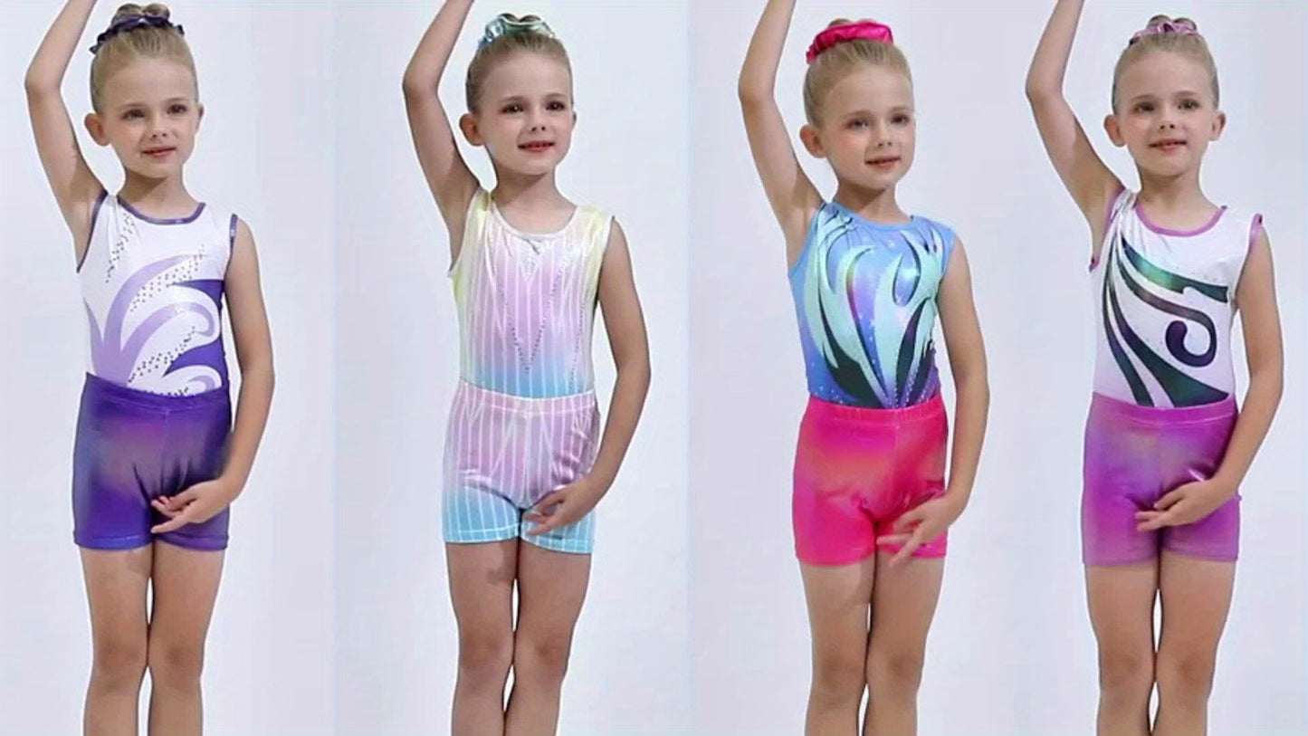 Girls' Sleeveless Gymnastics Leotard with Sparkling Blue & Purple Swirl Design + Light Blue Shorts & Hair Tie - Breathable Stretchy Fabric for Dance, Gymnastics, Christmas Parties, Gymnastics Attire, Sleek Fitted Design, Medi