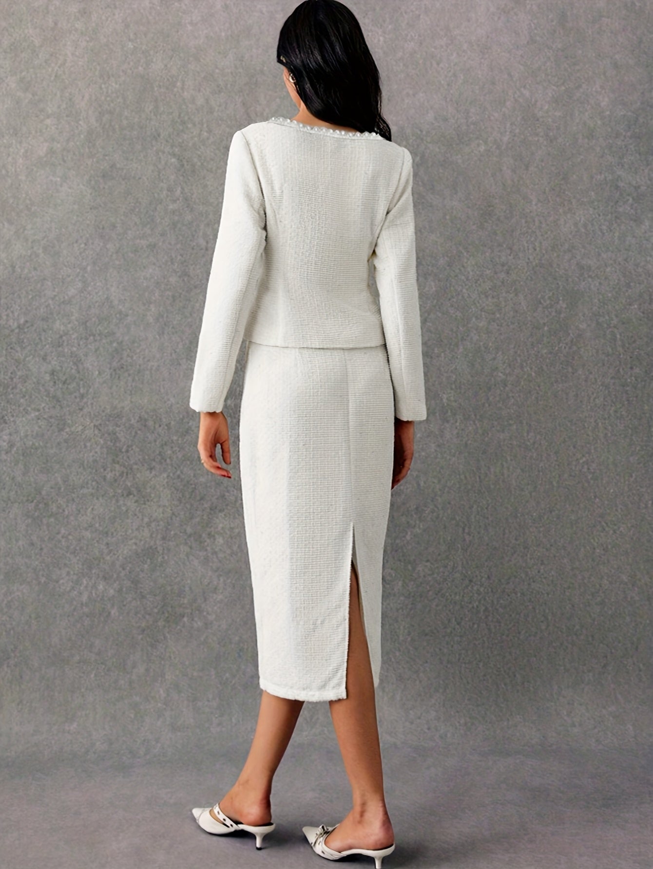 Off white tweed sequin square-neck top pencil skirt two-piece suit | French elegance, suitable for weddings, evening parties, and high- business occasions