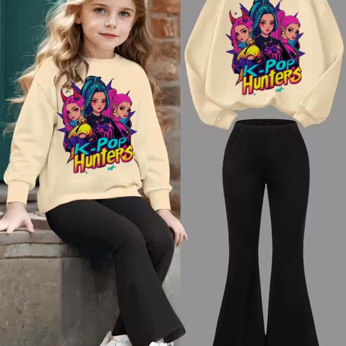 Two Piece Set For Girls Aged 3 To 12 Sweatshirt And Flared Pants 3D Printed Kpop Pattern Machine Washable Polyester
