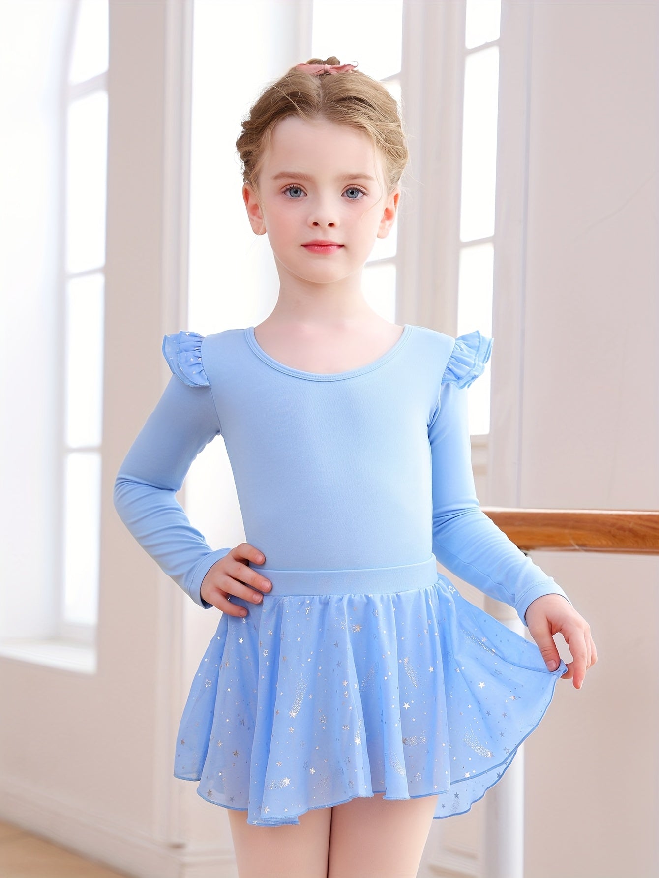 Christmas Gift Girls' Tight Bodysuit & Tulle Skirt Set - Detachable Long Sleeve Ruffle Crisscross Back Silvery Stars, Ballet Gymnastics Dance Outdoor Fall Clothing