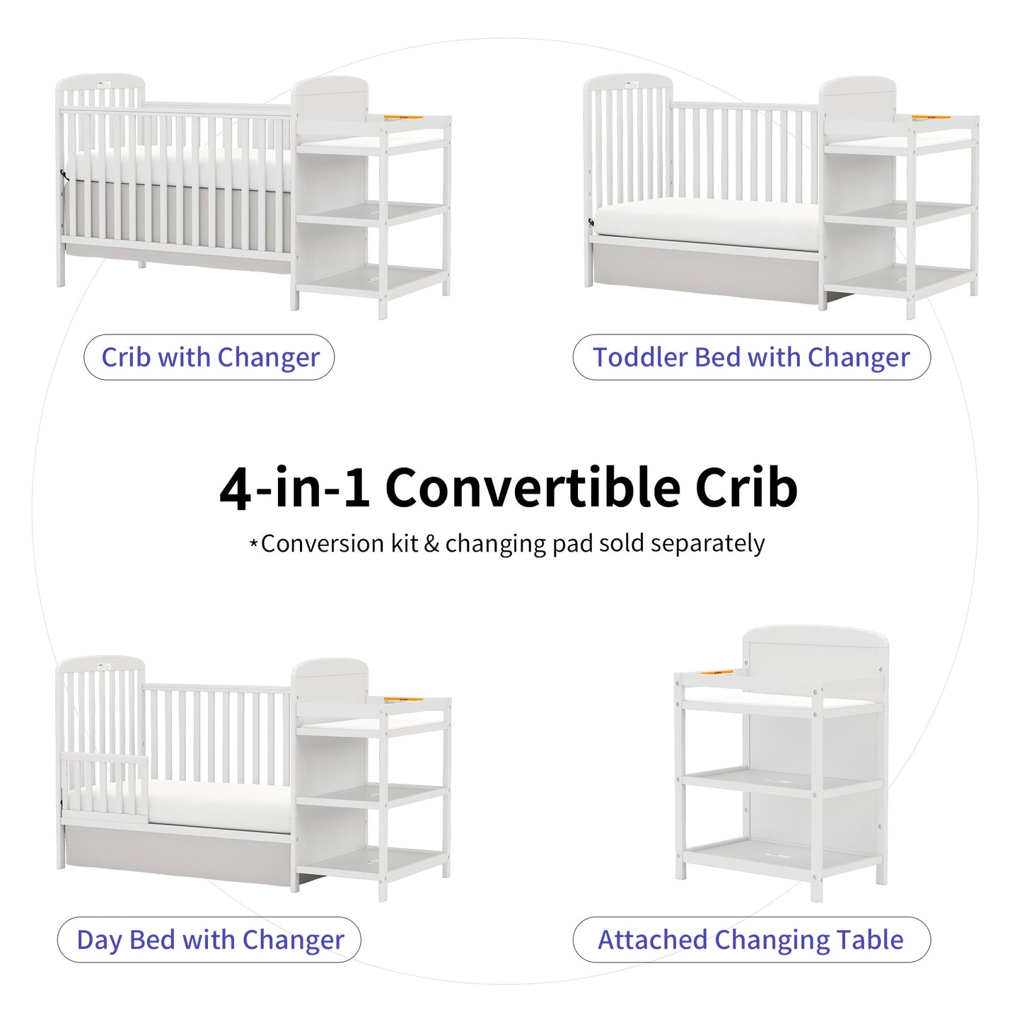 Goldzone 3-in-1 Convertible Baby Crib with Storage and Changing Table