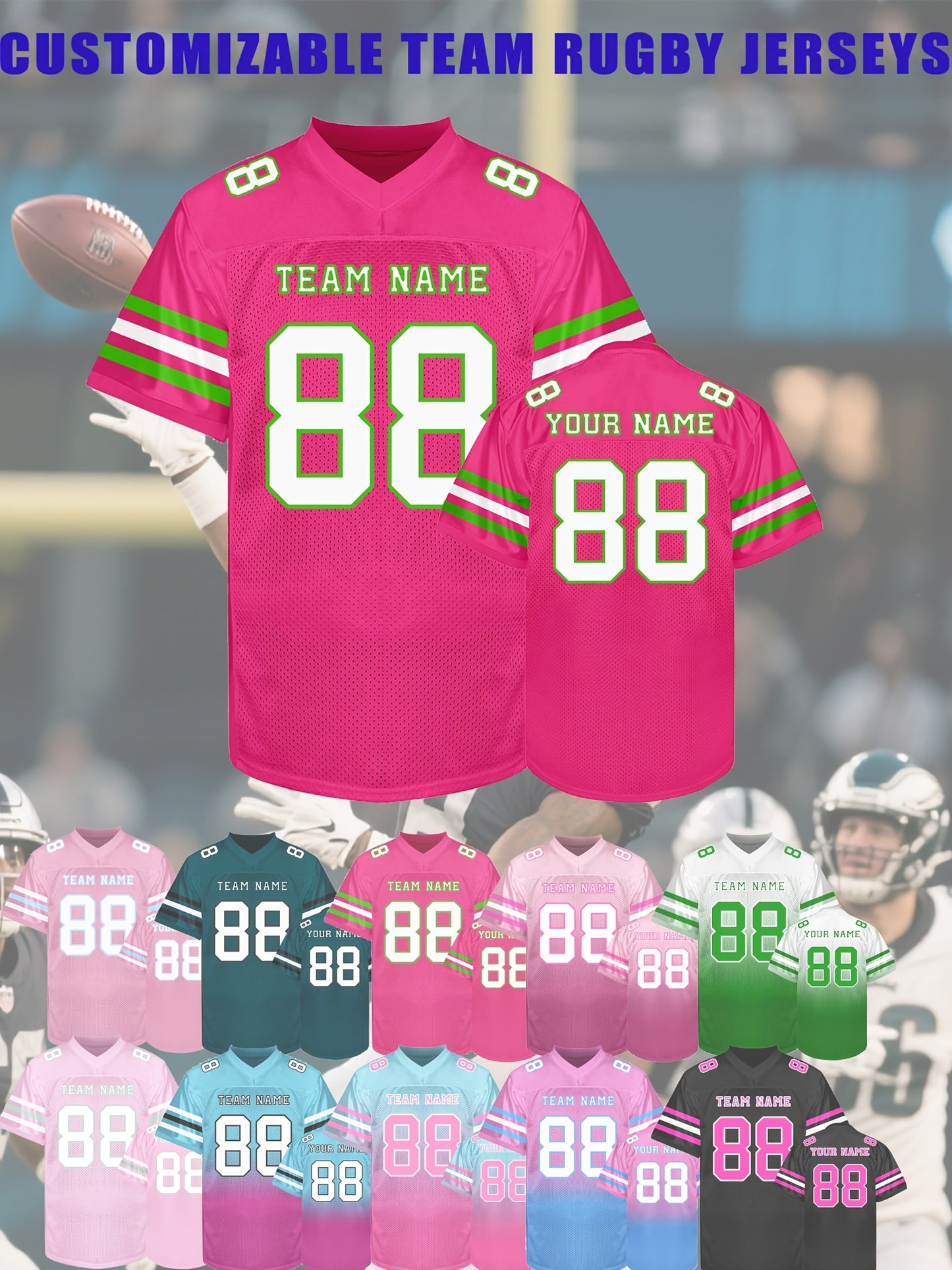 [Custom Rugby Jerseys] Custom Rugby Jerseys - Personalized Name, Number, Team - V-Neck Nylon Button Front - All-Season Comfort Fit - Custom Colors (Black/Pink/Teal/Green/) - for Men, Teams, Sports, Training, Parties, Casual W