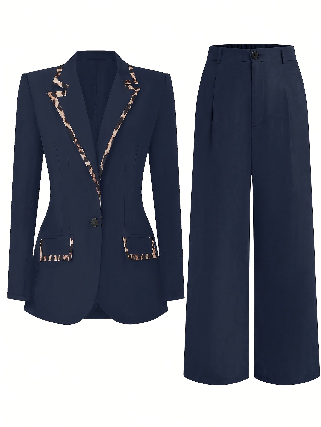 Two-Piece Beige Leopard Print Blazer And Wide Leg Pants Suit For Office To Party With Collar