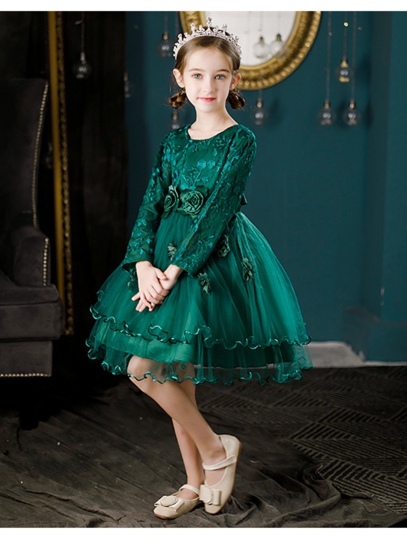 [Princess Style Girls' Dress] Emerald Green Princess Style Lace Long Sleeve Girls' Dress | Floral Waist Tiered Skirt Party Dress for Special Occasions & Daily Wear
