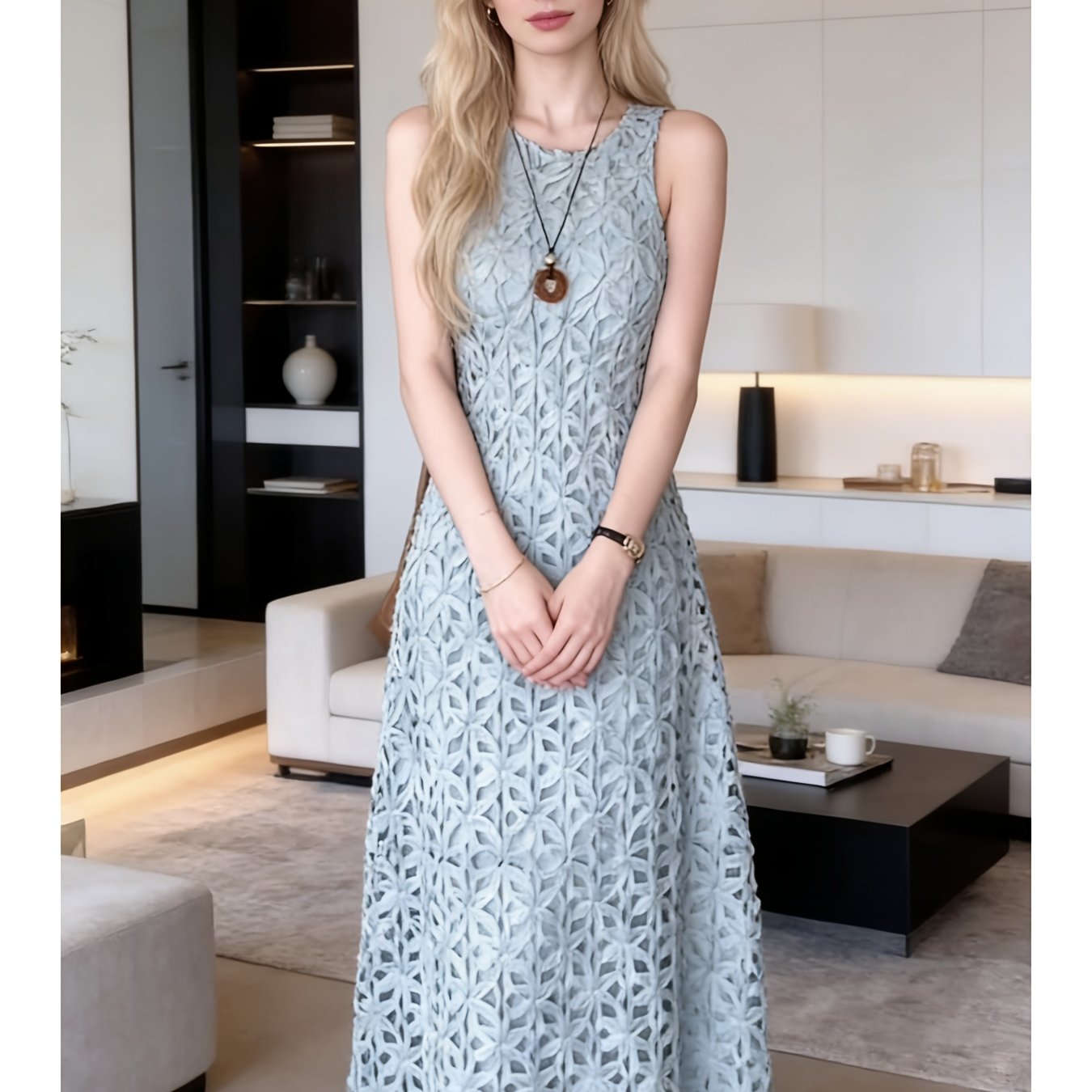 Mint Green Summer Heavy Industry Three-dimensional Floral Hollow-out Dress | Women'S French Gentle Style Temperament Sleeveless Long Dress, Crew Neck, Fit and Flare, Elegant Solid Color Pattern