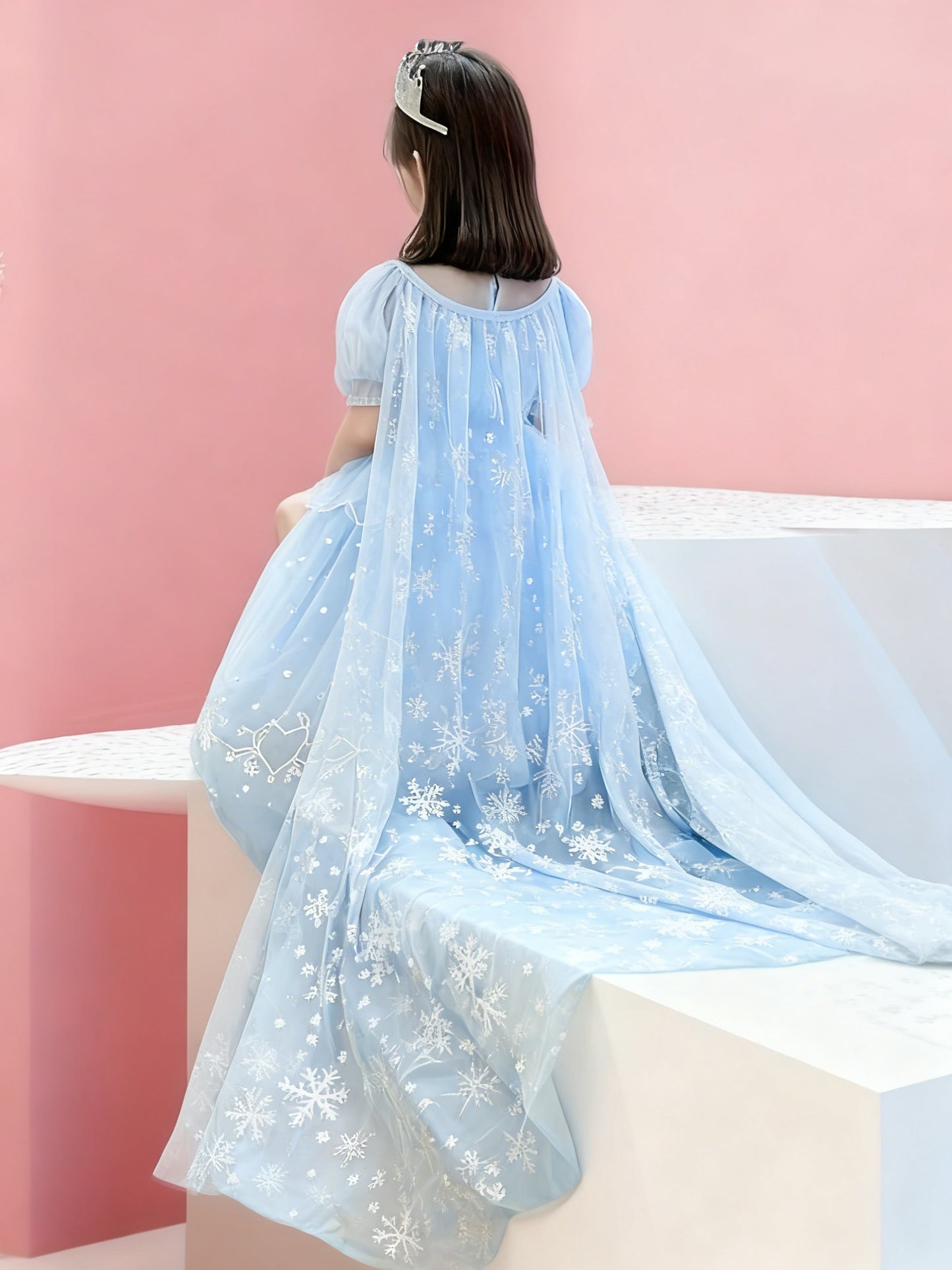 Woodland Ice Blue Kids' Princess Dress | Sequin Puff Sleeves, Heart Embroidery Tulle Puff Skirt, Elegant Non-Stretch Fabric, Perfect for Spring/Summer/Fall, Includes Cape for Birthday Catwalk & Party Gatherings