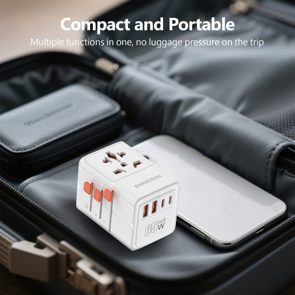 ANRMESUN 65W Travel Adapter with 4-Port USB Charger (2 USB-C) & Global Voltage 100-240V - Heavy Duty Power Adapter with US/EU/UK/AU Plugs, Compact Cube Design, Overload & Short Circuit Protection, Compatible with Europe, UK,