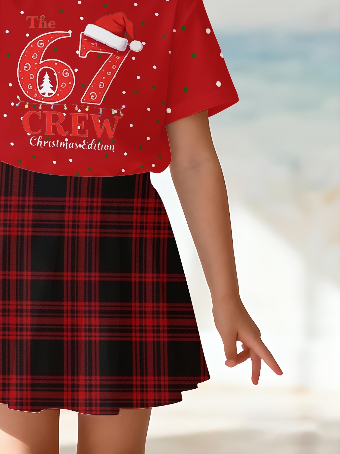 Girls Summer Short Sleeve Short Skirt Two Piece Set, Red and Black Plaid Skirt, Christmas No. 67 Cartoon 3D Printed Round Neck T-Shirt, Summer Set, Suitable for Casual Vacation Party, Suitable for Outdoor Scene Wear