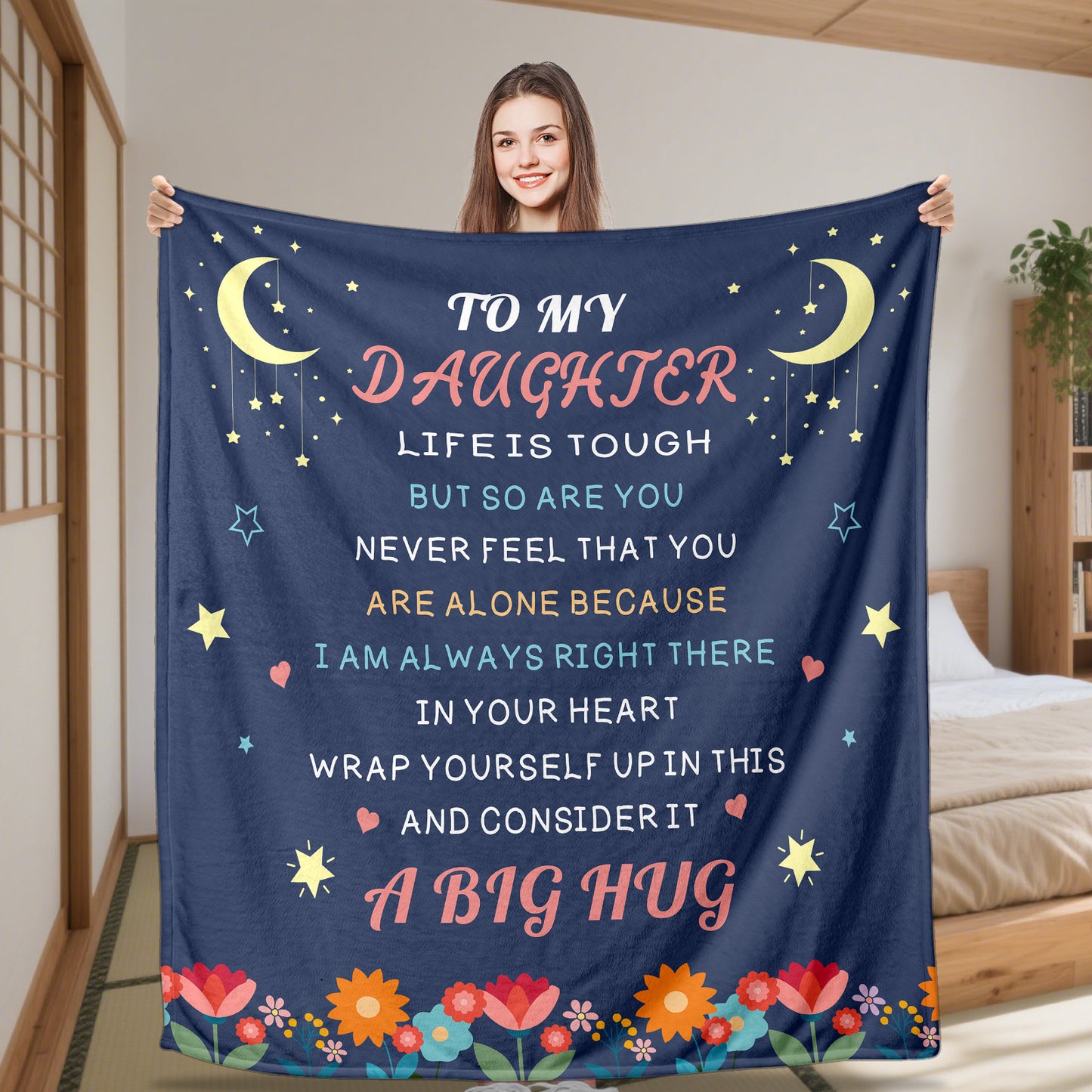 To My Daughter Blanket Moon Stars Floral Accents Soft Cozy Throw For Bed Dorm Gift For Teens Girls Graduation 280GSM