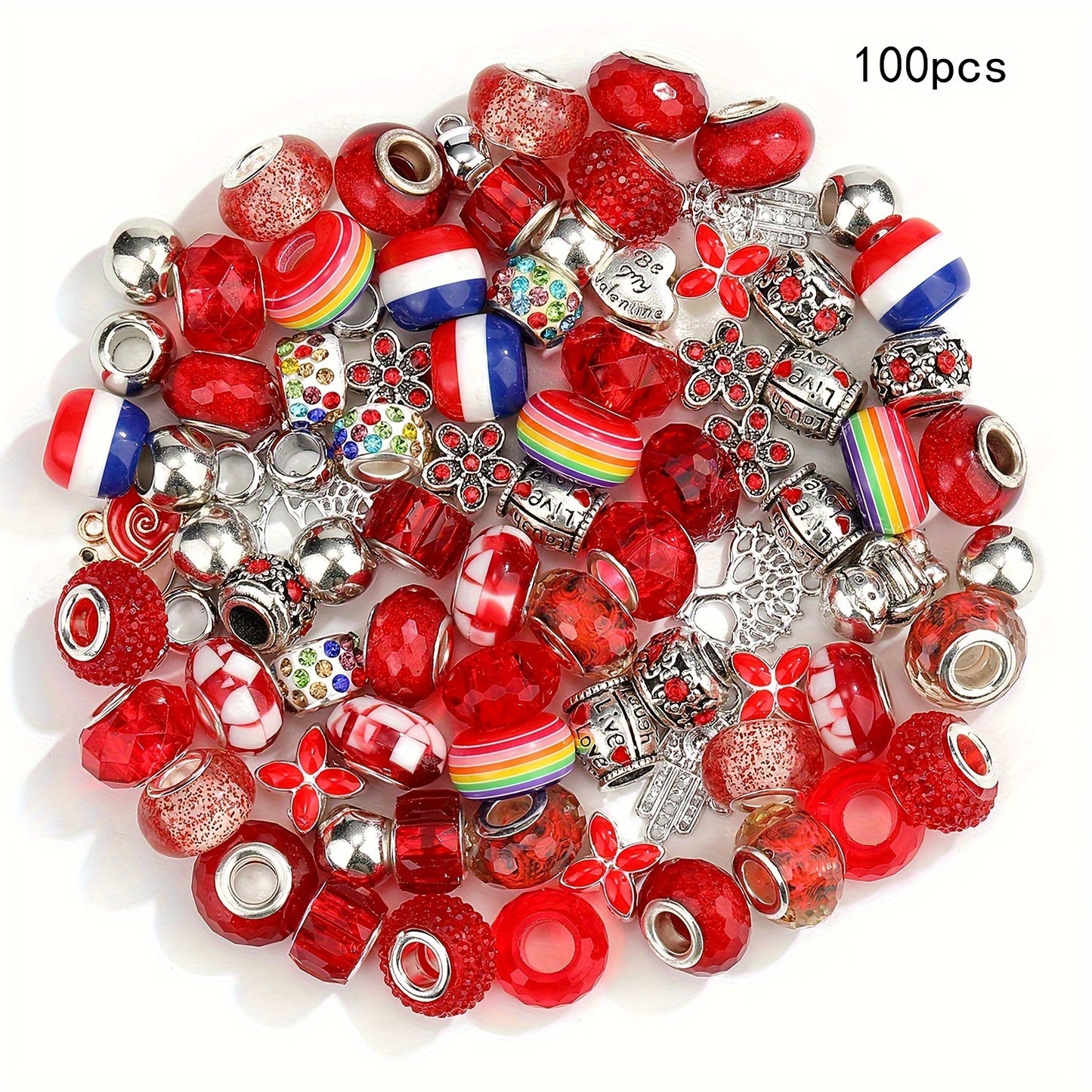 100 Pcs Large Hole Acrylic and Alloy Bead Set with Flowers Hearts Stars Bows Charms Rainbow Colors for Jewelry Making
