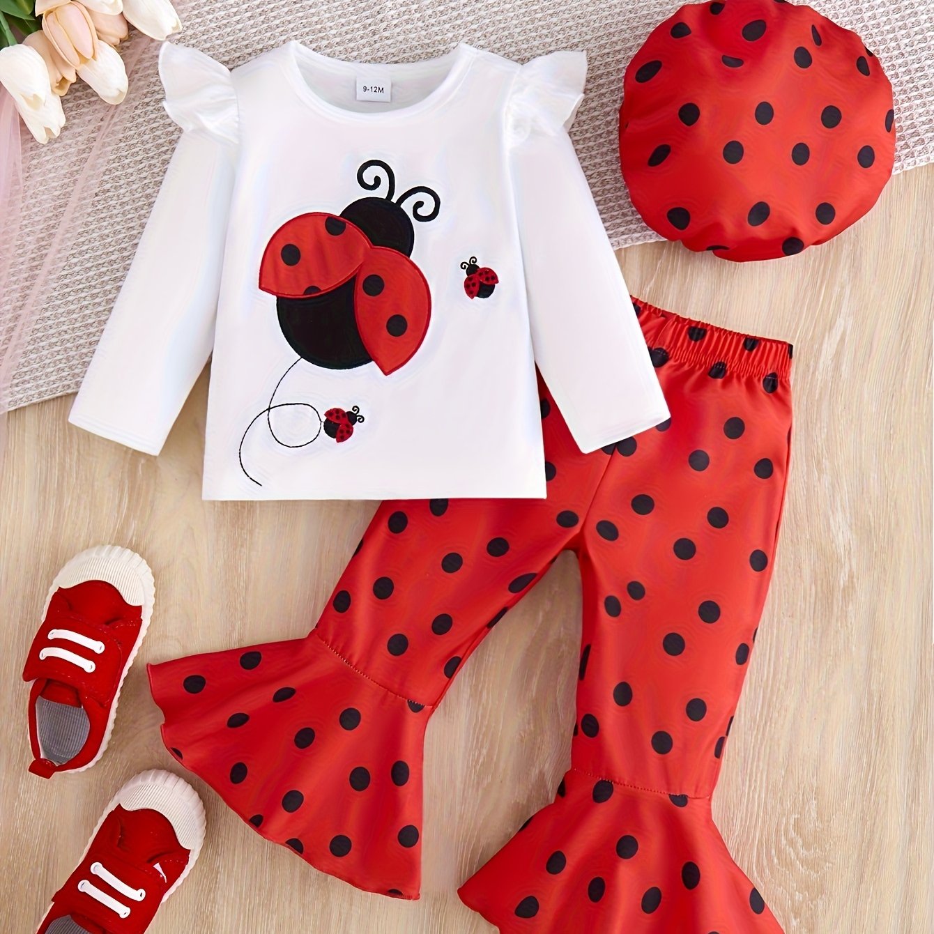 2pcs Baby's Cartoon Ladybug Print Ruffled Long Sleeve T-shirt + Hat + Polka Dots Pattern Bell-bottom Pants, Toddler & Infant Girl's Clothing Set for Spring Fall, Outdoor Cloth, Perfect for Outdoor