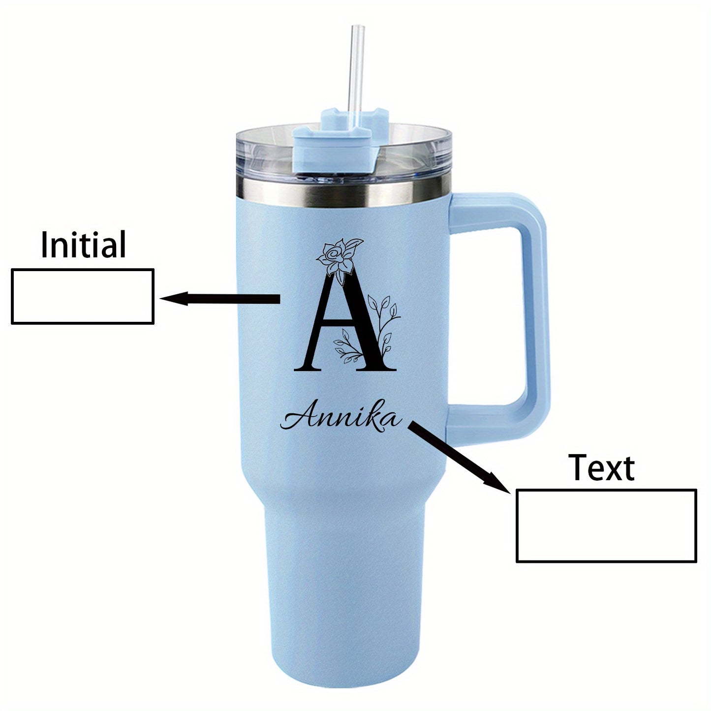 [Personalized Thermos Cup] 40oz Customized Name Thermos Cup | Double Wall Stainless Steel Handle Insulated Coffee Cup, Large Capacity with Lid And Straw, Personalized Gift with First Letter Flower Design, Travel And Office Cu