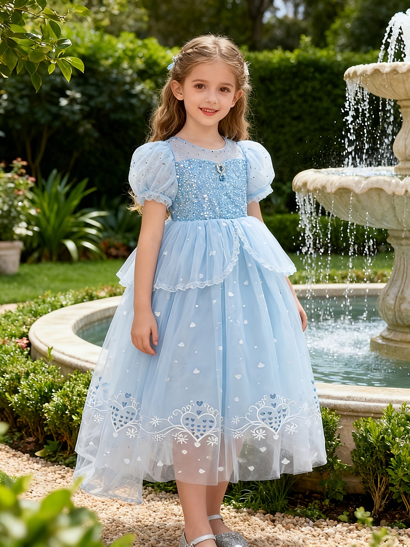 Woodland Ice Blue Kids' Princess Dress | Sequin Puff Sleeves, Heart Embroidery Tulle Puff Skirt, Elegant Non-Stretch Fabric, Perfect for Spring/Summer/Fall, Includes Cape for Birthday Catwalk & Party Gatherings