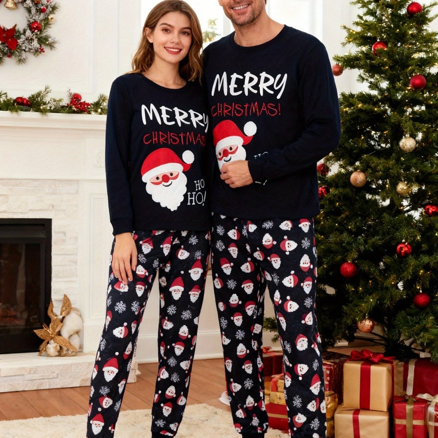 2-Pack Family Matching Christmas Pajamas Set, Santa And Tree Print Long Sleeve Nightwear Set for Men, Kids Family Pjs, Holiday Party Pajamas