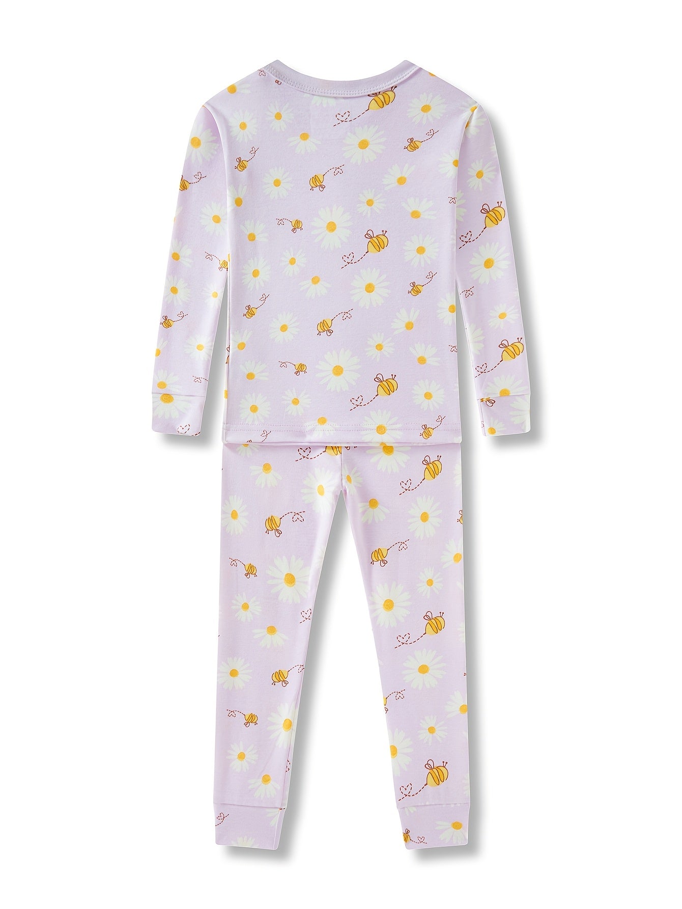 Kids Girls' Sunflower Print Pajama Set, Long Sleeve Crew Neck Blend (92%, 8% Elastane), Skinny Fit Knit Fabric, Comfortable Home Wear for Spring/Summer/Fall, Ages 2-8
