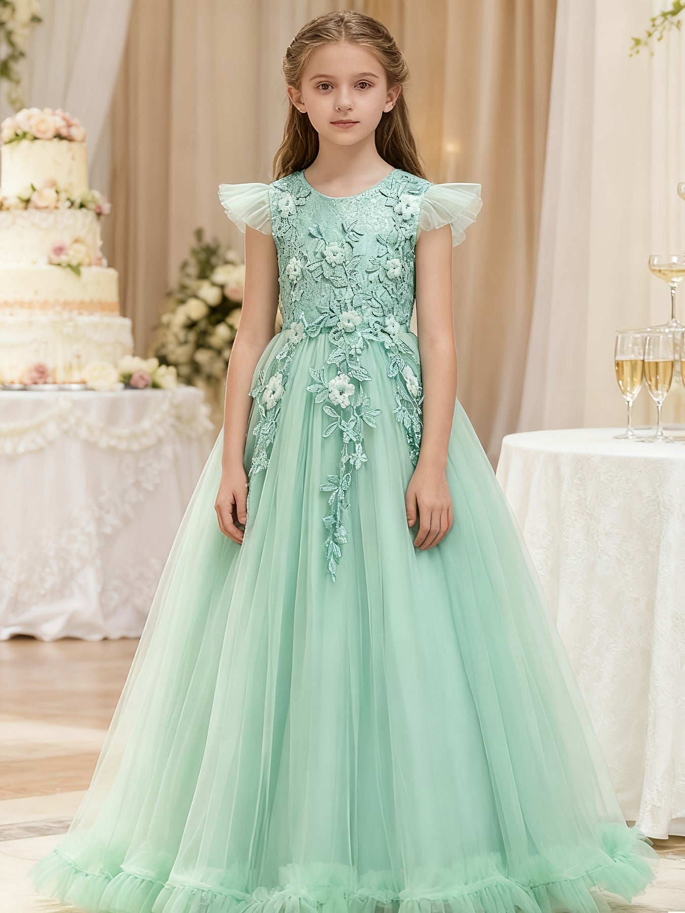 2025 New Arrival Girls Princess Style Tulle Gown With 3D Floral Bodice And Large Ballgown Skirt For Weddings And Parties
