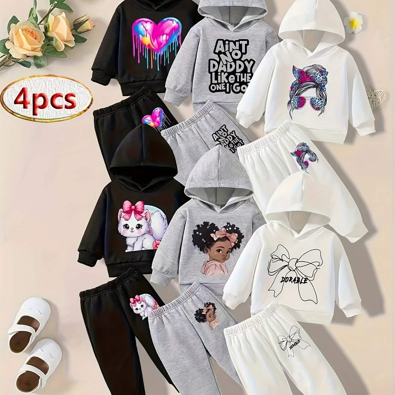 4pcs ' Winter Hooded Sweatsuit Set - Letter 'D' Outfits (Matching Hoodies & Pants), Machine-Washable Sweaters for Baby, Casual Playwear & Christmas Photoshoot Clothes, Perfect for Outdoor
