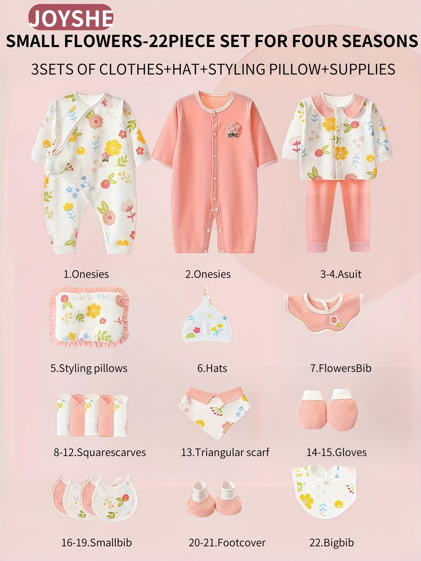 Baby Girl Clothes + Newborn Daily Necessities Complete Set, Total 22pcs, 3 Sets Of Clothes + Hat + Bib + Pillow + Hand And Foot Covers + Bibs, Baby Items, Baby Full Moon Autumn Long Sleeve Suit, Baby Romper, Local Warehouse,