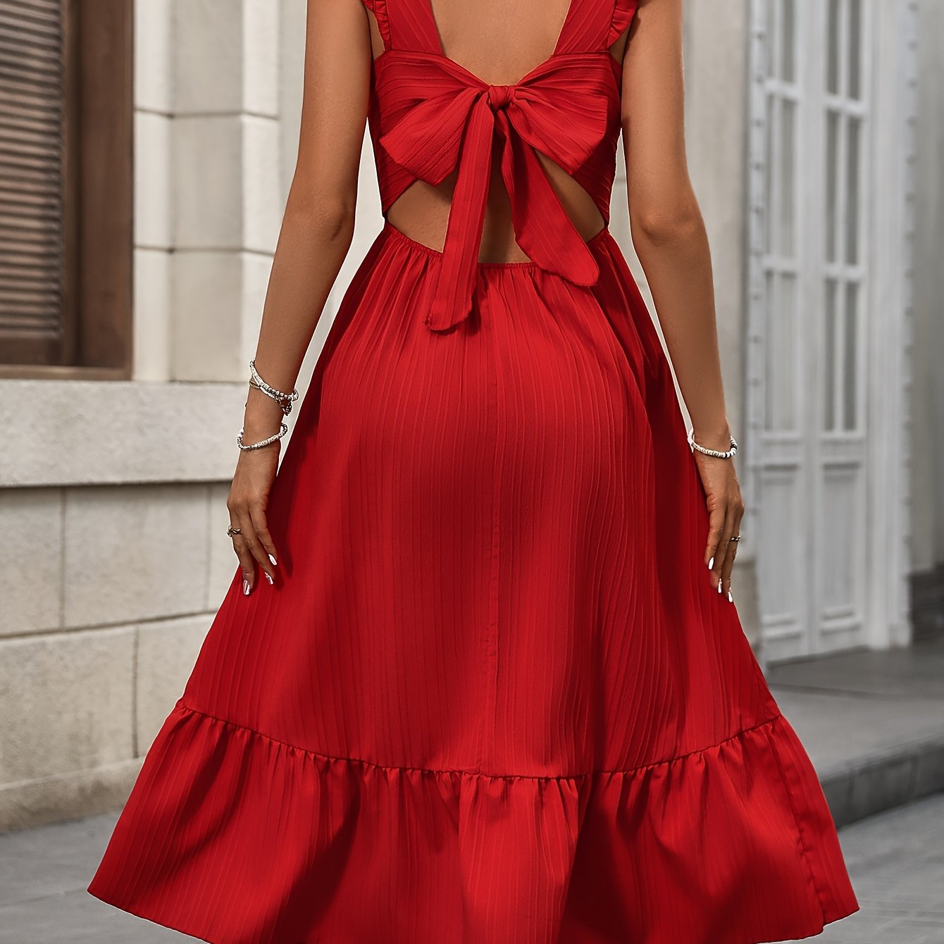 Women'S Elegant Ruffled Square Neck Tie-Waist Dress with Puff Sleeve - Vibrant Red A-Line Skirt, All-Season Formal & Casual Outfits