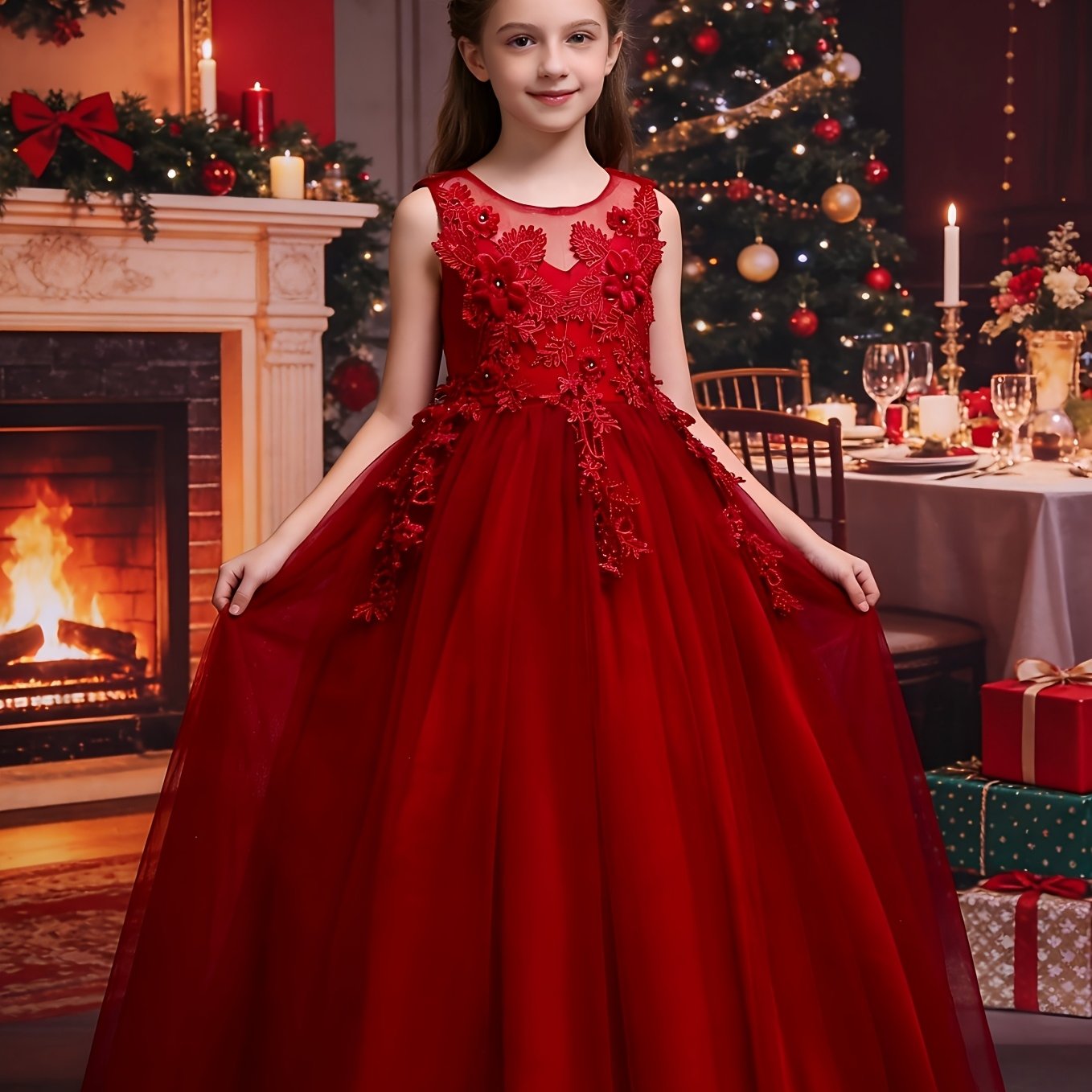 Girls Luxury Princess Dress With 3D Floral Lace Embroidery