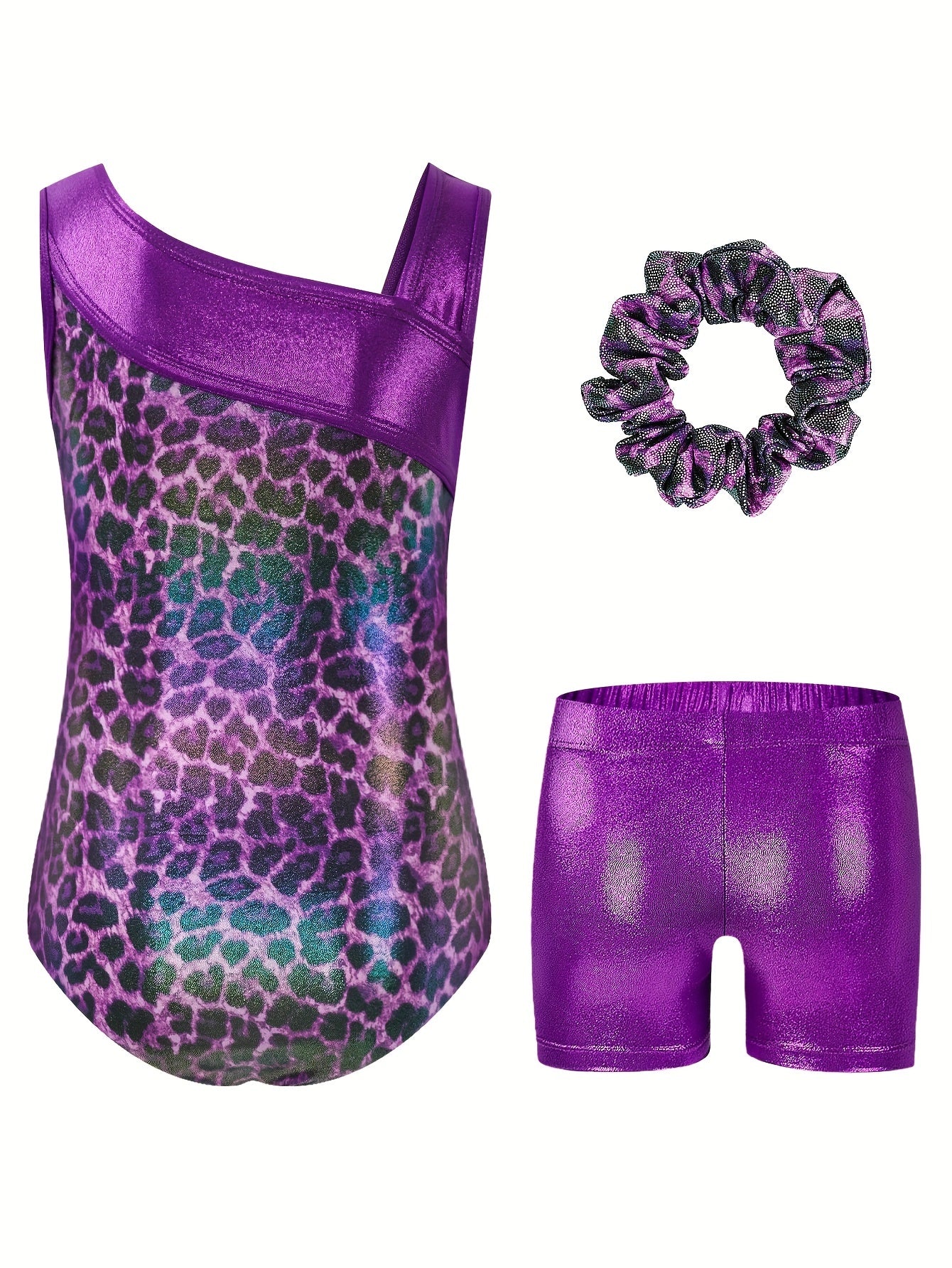 3pcs Girls' Slim & Fit Gymnastics Outfit - Leopard Print One-Shoulder Leotard, Vibrant Purple Shorts & Matching Hairband for Dancing & Sports, Gymnastics Attire|Vibrant Gymwear|Stretchy Fabric, for Outdoor