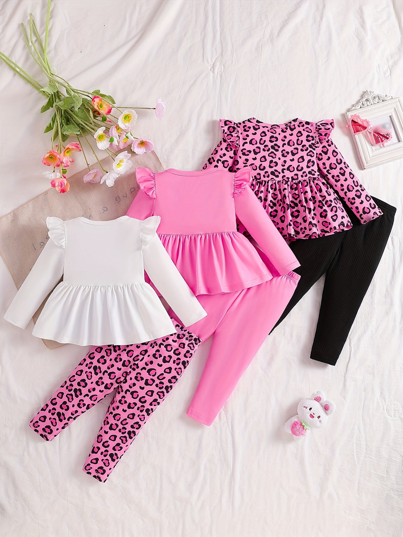 Baby Products, Newborn Baby Girl Clothing, Girl's Clothing, Baby Girl Autumn And Winter Flying Sleeves, Leopard Print Bow, Round Neck+same Series Long Single Pants 3pcs Combination Set, Children's Halloween , Halloween , Perf