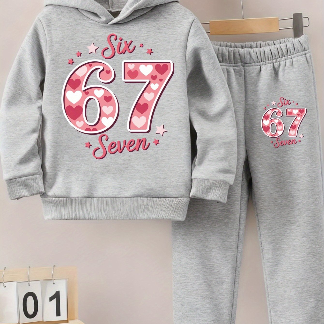 Girls Hoodie and Pants Set | Black Six 67 Seven Pink Heart Print Casual Outfit for Everyday Wear, Fall/Winter, Sweatshirt and Sweatpants, Long Sleeve, Medium Stretch Fabric, for Outdoor
