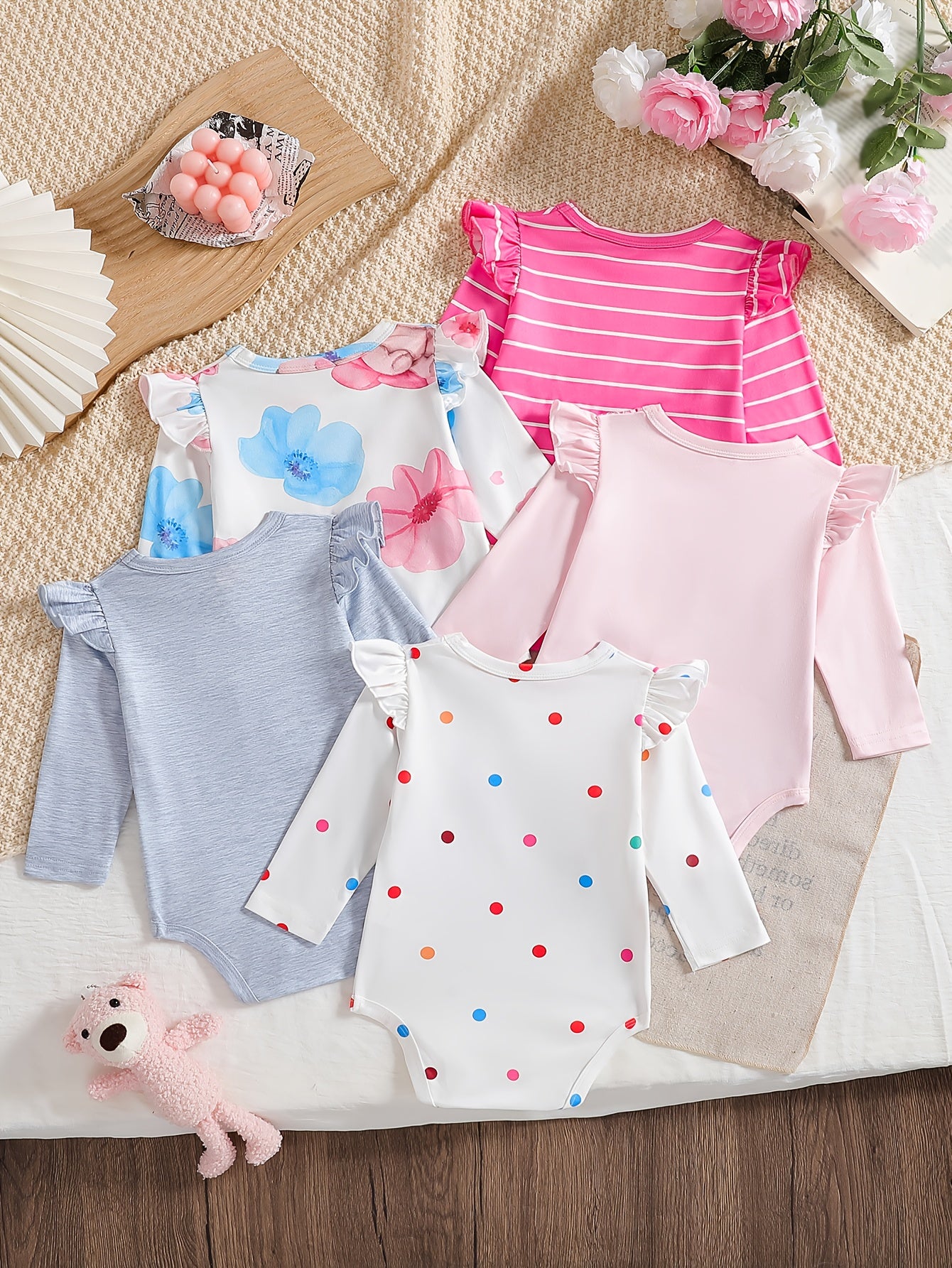 Cute Baby Girl Bear Print Jumpsuit Set With Flying Sleeves