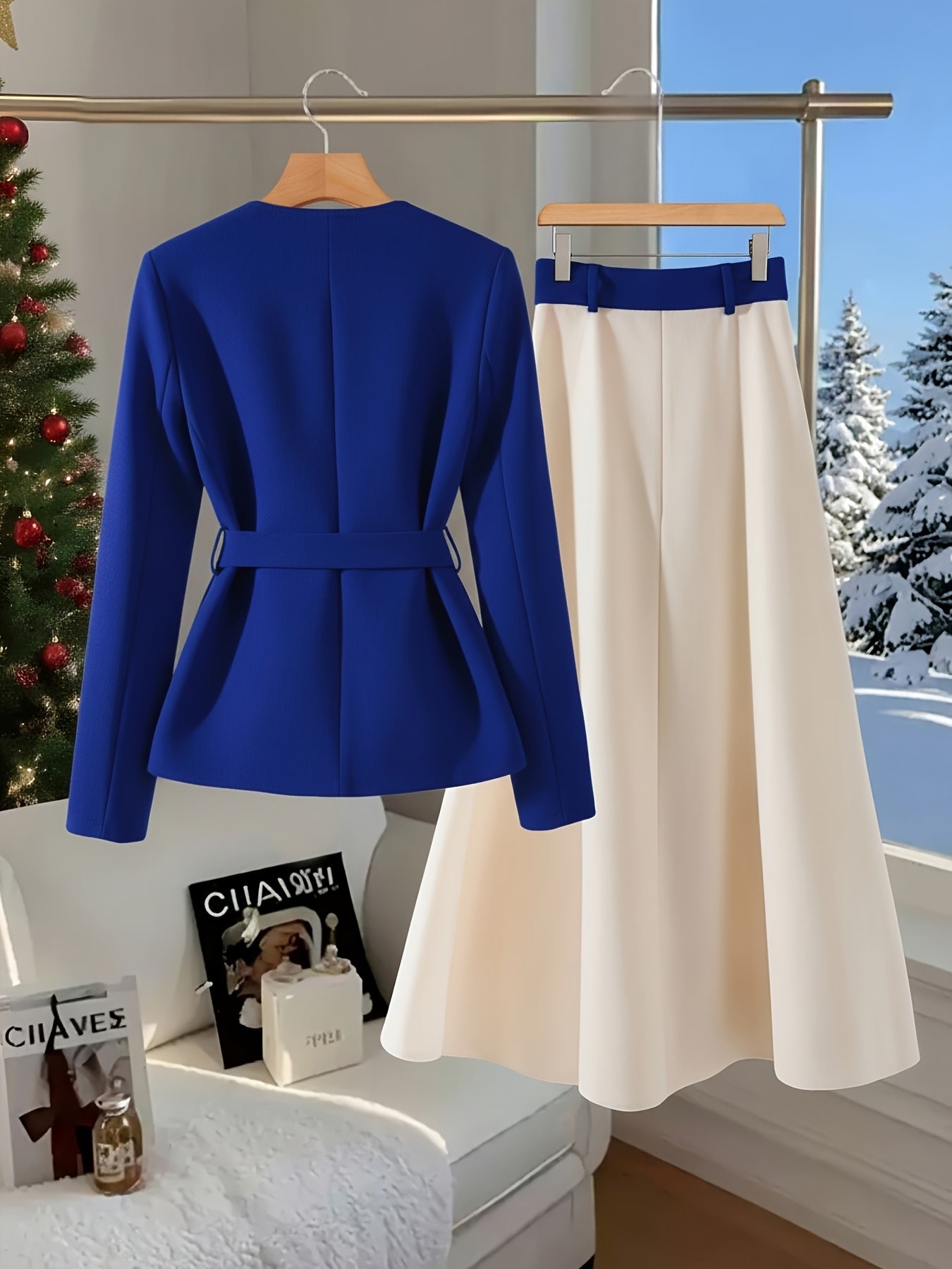 Women'S Two-piece Set (waist Cinching Jacket+wide Leg Skirt Pants, Bow And Waistband Design) | Suitable For Christmas Parties, New Year's, And Holiday Outings, Creating A Festive And Elegant Dressing Style