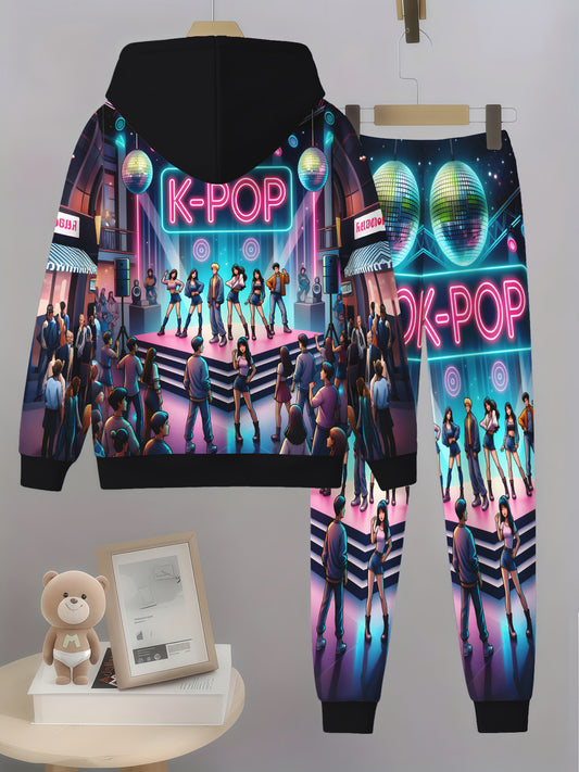 Girls 2pc K Pop Anime 3D Printed Hooded Sweater And Sweatsuit Set With Pockets Machine Washable Winter Wear