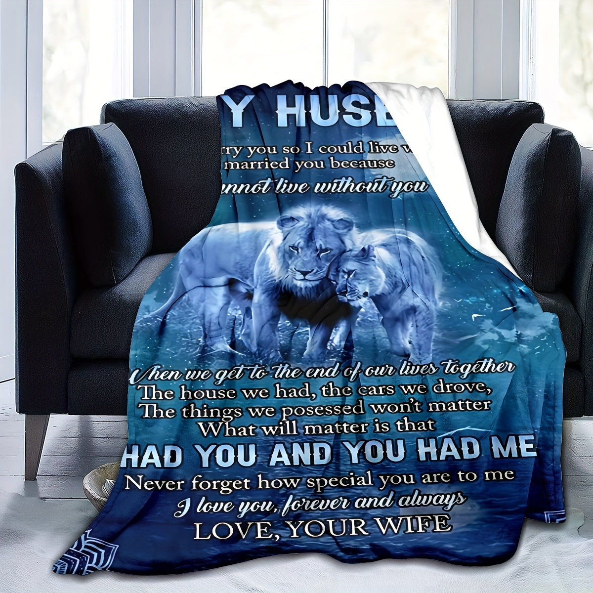 1pc Funny Marriage Blanket from Wife to Husband - Romantic Couples Gift with Love Messages, Heavyweight 280gsm Flannel Throw for Couch, Bed, Office, Camping - All-Season Soft Warmth - Birthday, Anniversary, Wedding Present -