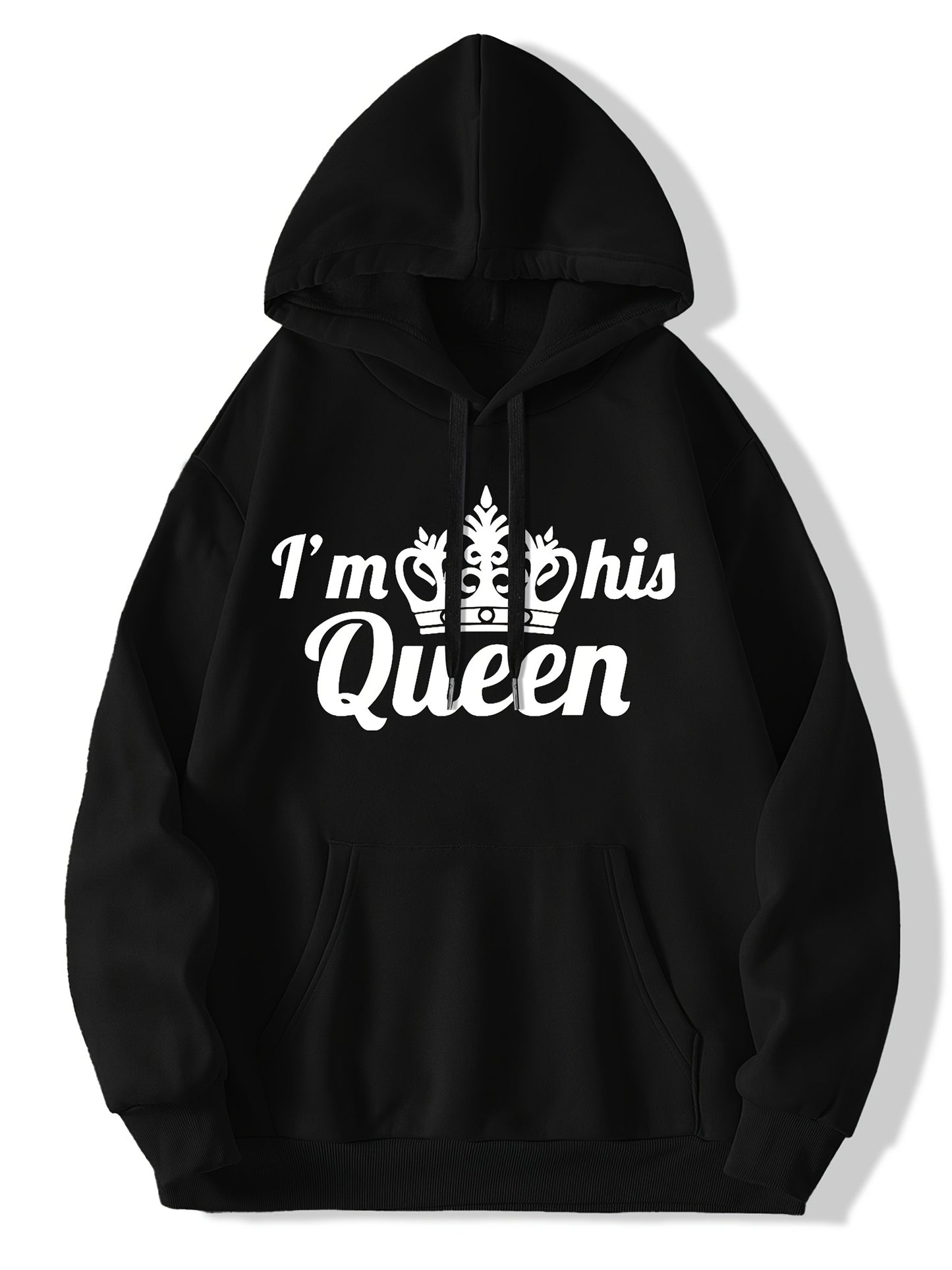 Men's Plus-Size "I'm Her King/His Queen" Couples Sweater - Double-Sided Printed Matching Outfits, Soft Blend Fabric, Loose-Fit Hooded Pullover for Travel & Casual Wear, Machine Washable (Red/White Text) - Valentine's Day Gift