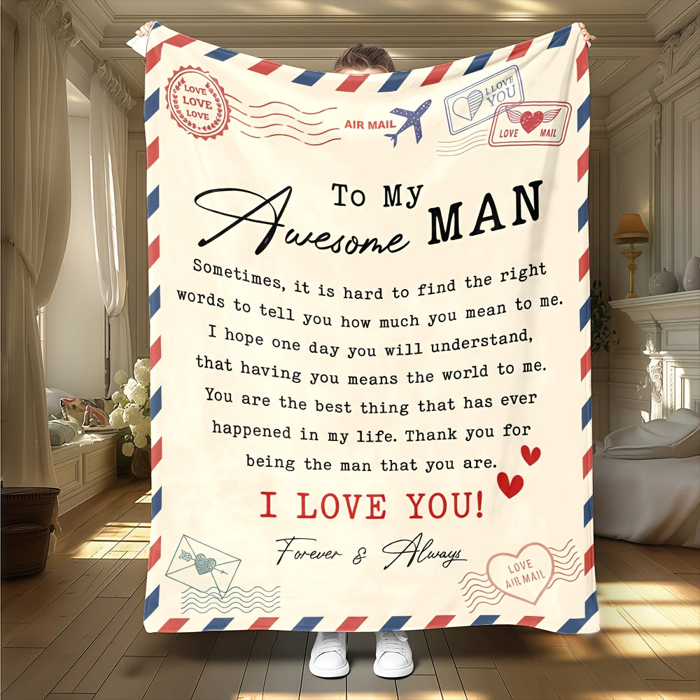 1pc to My Awesome for man Couples Blanket | Extra Long 5x8ft Flannel Bedspread - Romantic Gift for Husband, Boyfriend, Dad - Soft Beige & Red Love Notes - All-Season Keepsake - Ideal for Anniversary, Birthday, Valentine'S - H