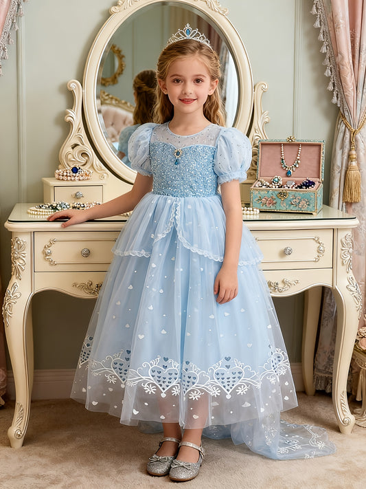 Woodland Ice Blue Kids' Princess Dress | Sequin Puff Sleeves, Heart Embroidery Tulle Puff Skirt, Elegant Non-Stretch Fabric, Perfect for Spring/Summer/Fall, Includes Cape for Birthday Catwalk & Party Gatherings