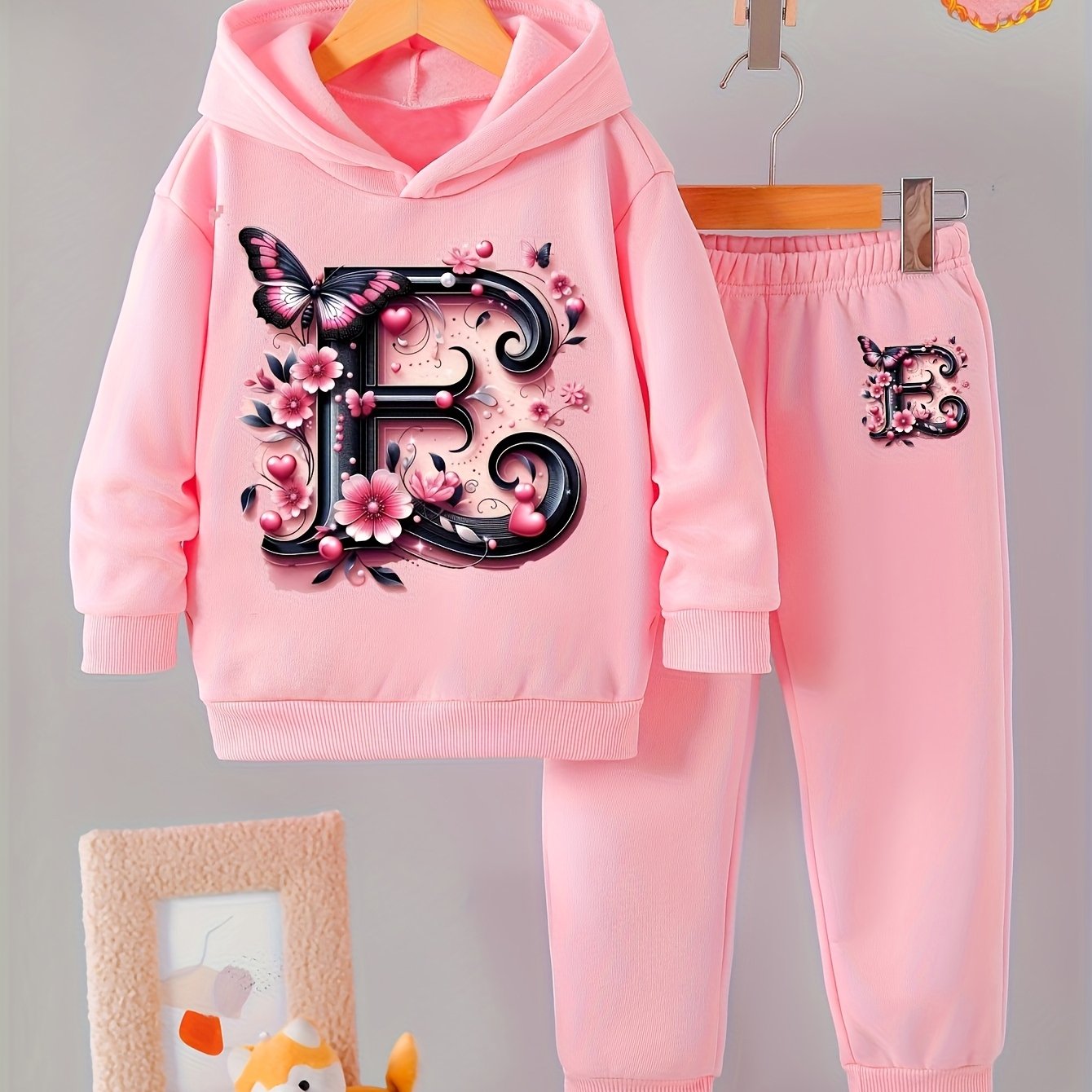 Toddler Girl Love Bear Print Hoodie Set, Autumn/ Winter, for Outdoor