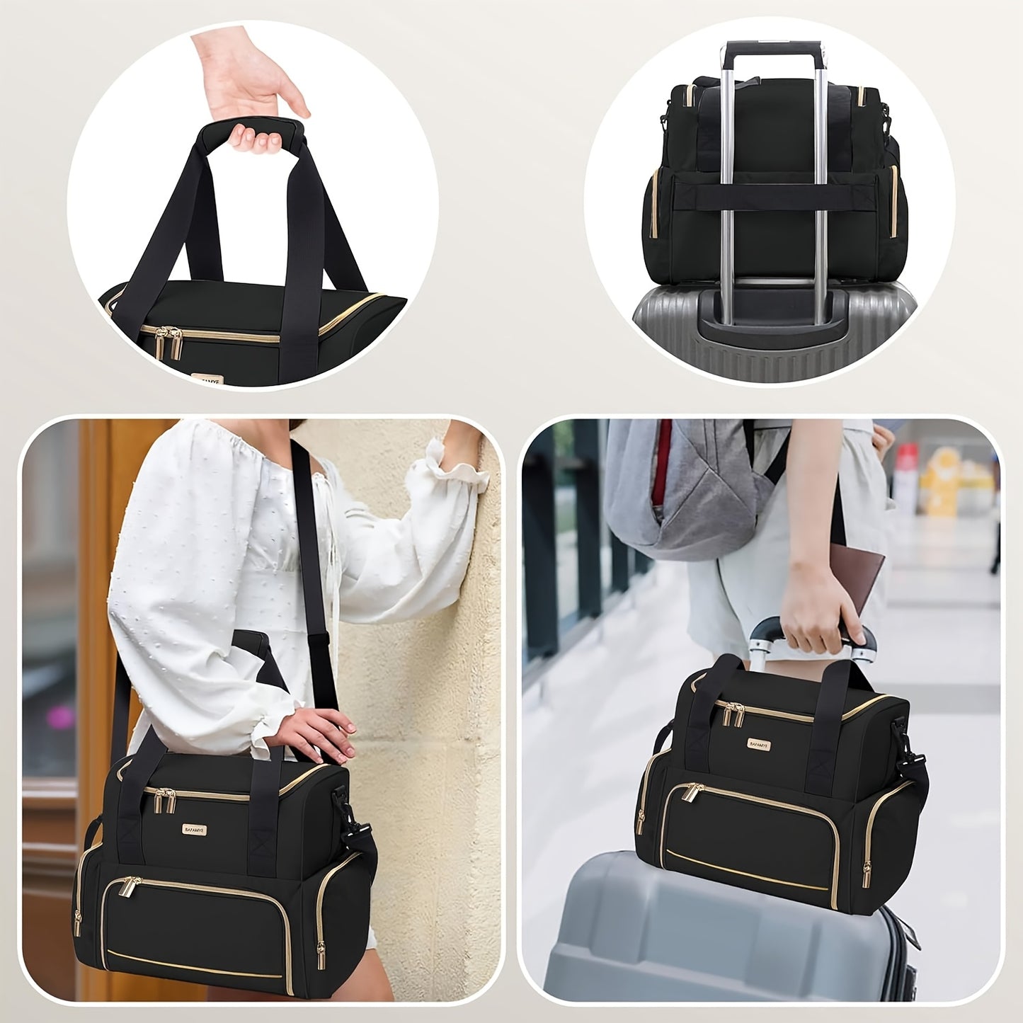 Large High Quality Travel Makeup Organizer Bag for Women - 2 Removable Cosmetic Cases, Double Layer Toiletry Bag with Multiple Compartments, Durable Polyester, Black with Golden Accents, Sleek Stylish Design | Easyaccess Hand