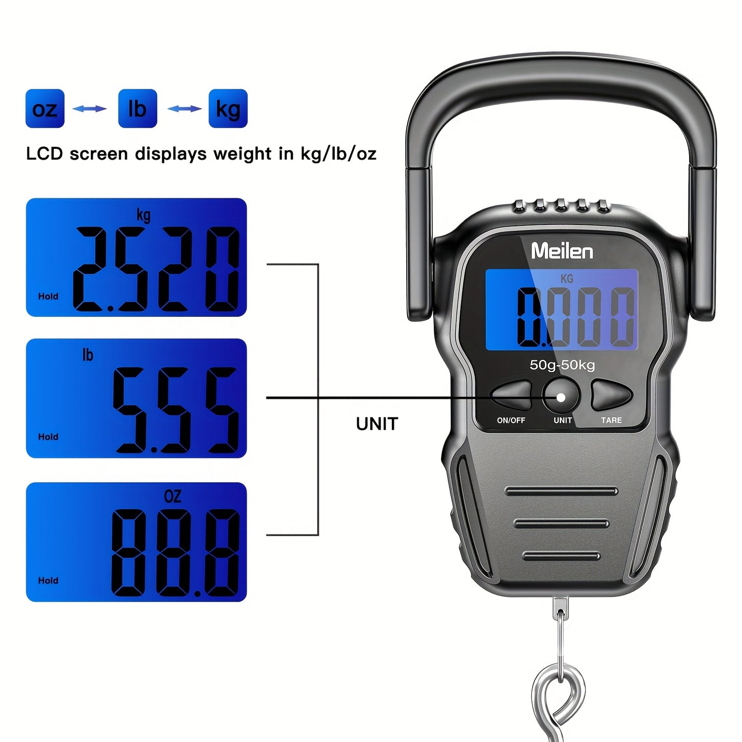 Great Christmas Gifts-Portable Scale 110 Lbs/50kg Hanging Fishing Scale with Backlit LCD Display, Luggage Scale with Hook, Suitable for Outdoor Fishing, Shopping In The Mall, And Travel Luggage.