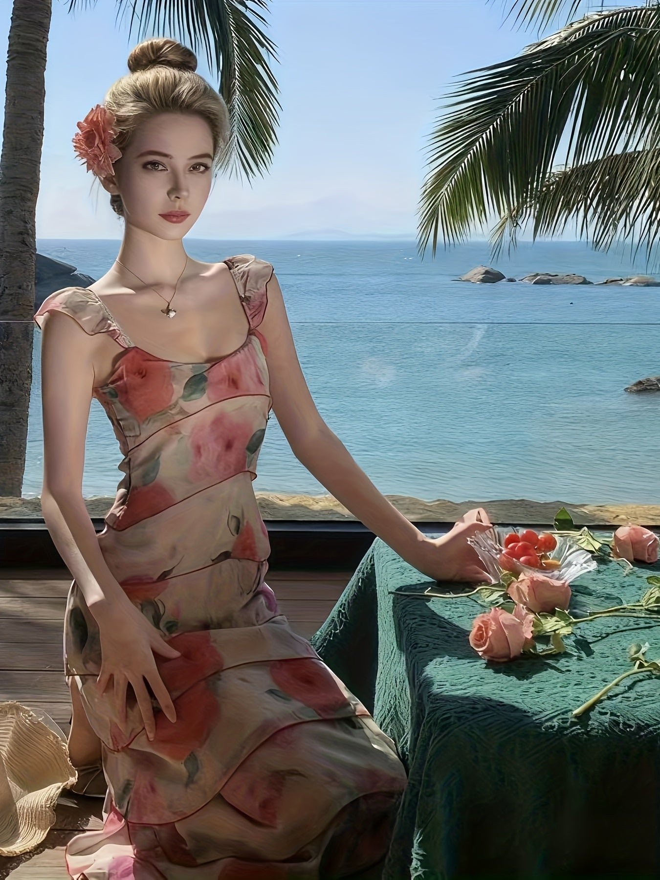 Women'S French Romantic Watercolor Floral Print Spaghetti Strap Maxi Dress - Off-Shoulder/One-Shoulder Boho Beach Dress with Slim-Fit Silhouette, Lightweight Breathable Fabric for Coastal Vacation, Summer Weddings & Evening E