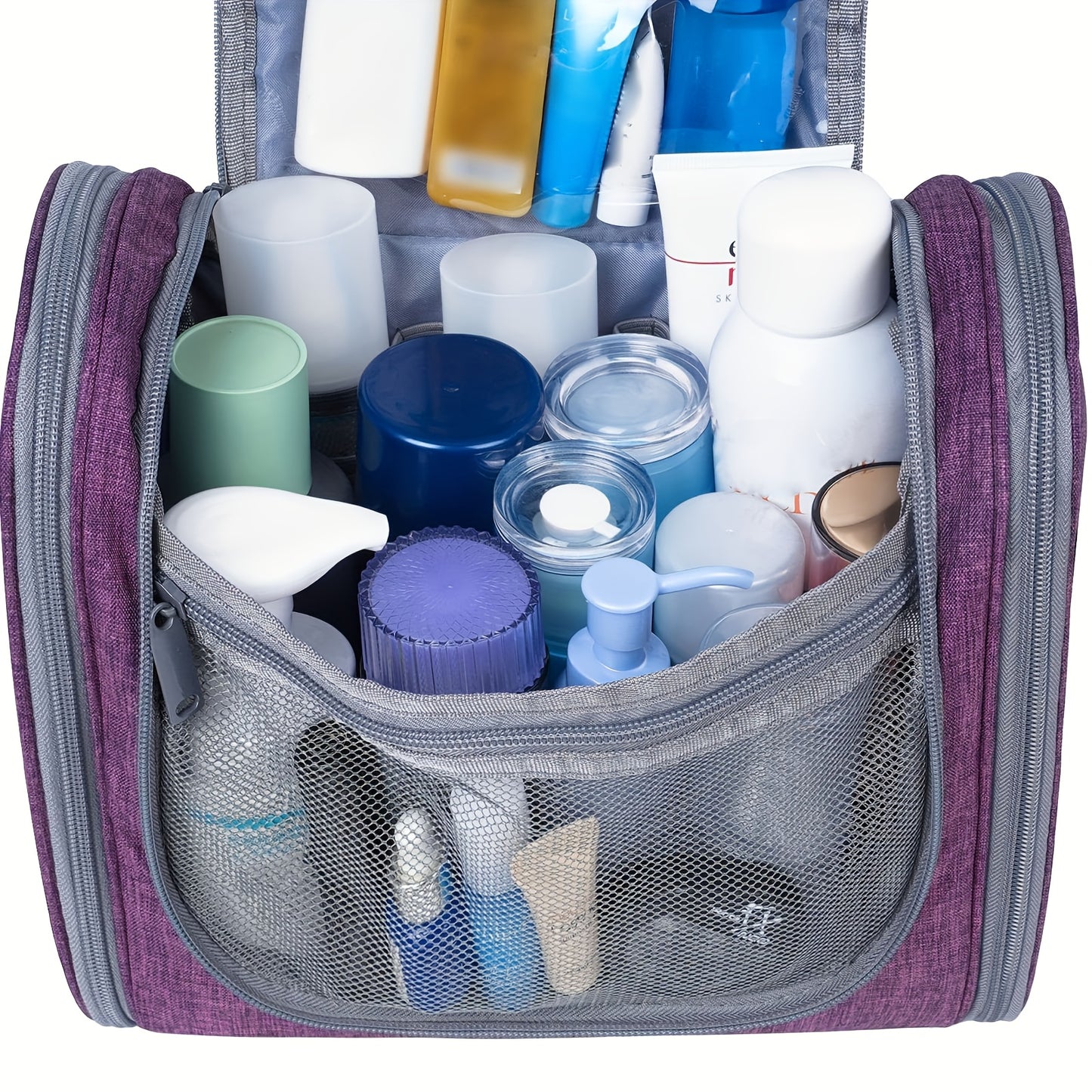 Women's Large Capacity Hanging Toiletry Bag - Travel Cosmetic Organizer with Hanging Hook & Top Handle, Zipper Closure, Lightweight Makeup Case with Multiple Compartments - Elegant Purple, Airport Approved for Carry-On Luggag