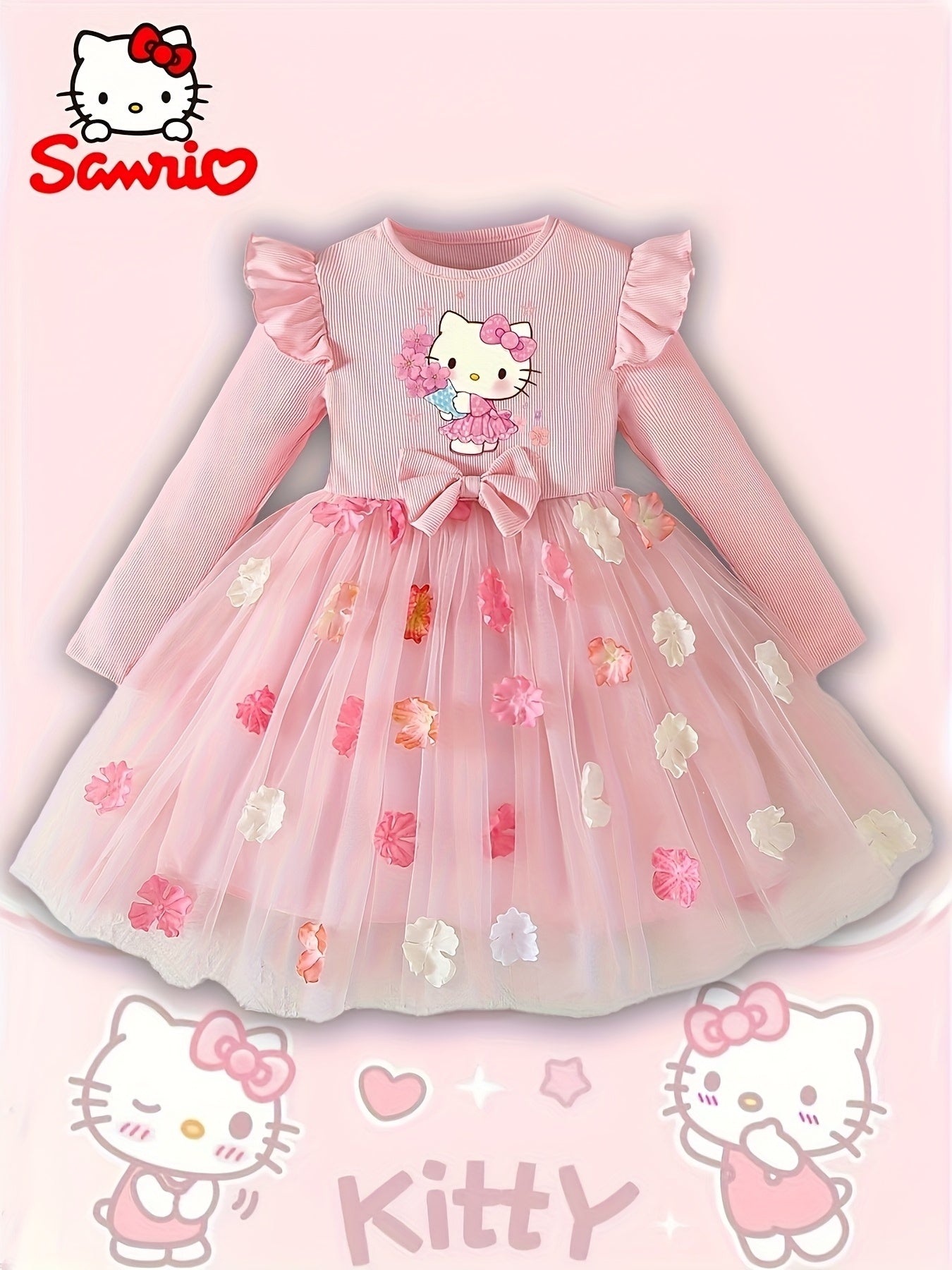 Hello Kitty Winter Party Dress For Girls 3D Flower Bow Print Pink Princess With Puffy Sleeves Machine Washable