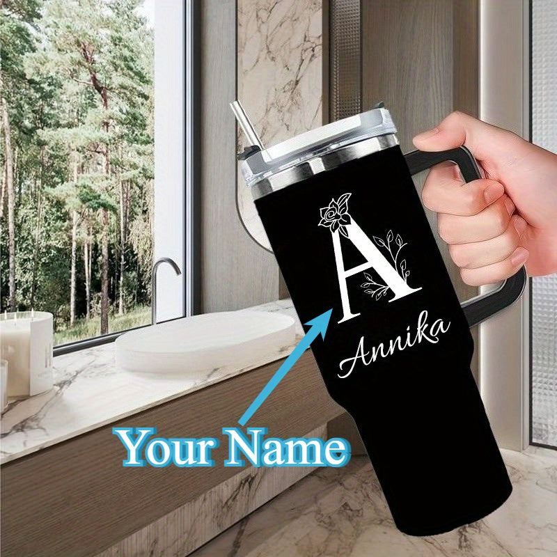 [Personalized Thermos Cup] 40oz Customized Name Thermos Cup | Double Wall Stainless Steel Handle Insulated Coffee Cup, Large Capacity with Lid And Straw, Personalized Gift with First Letter Flower Design, Travel And Office Cu