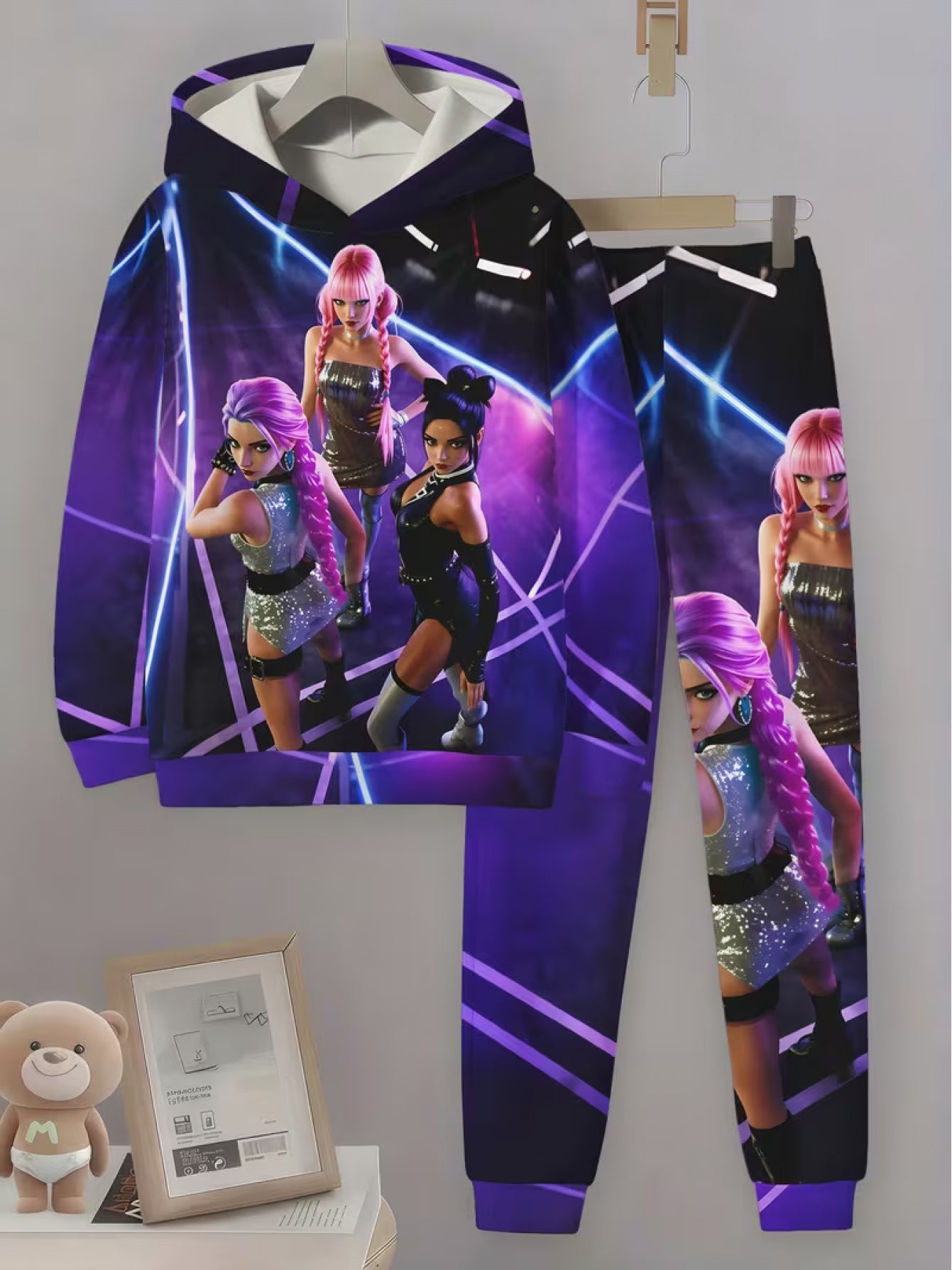 Girls Hoodie And Pants Set With Kpop Prints Comfortable Polyester Elastane Fabric Hooded Tracksuit For Festivals