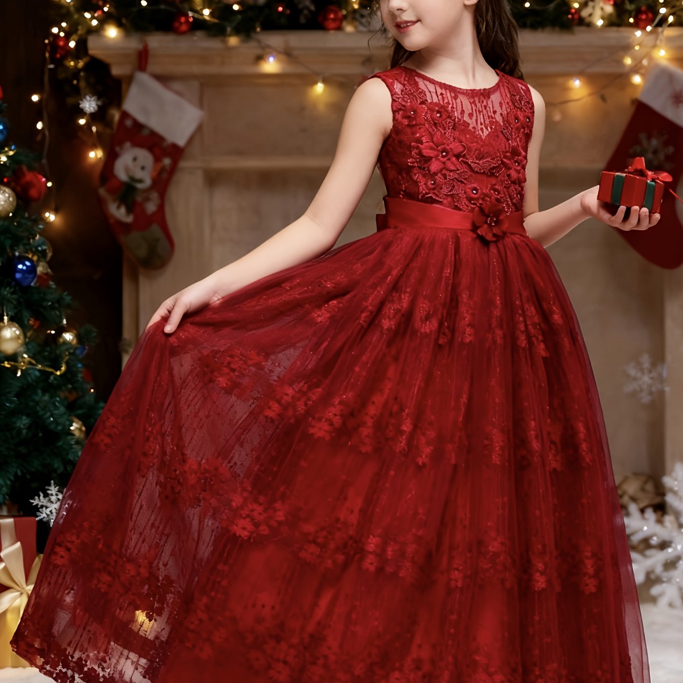 Girls Princess Gown Sleeveless 3D Lace Embroidery Maxi Dress