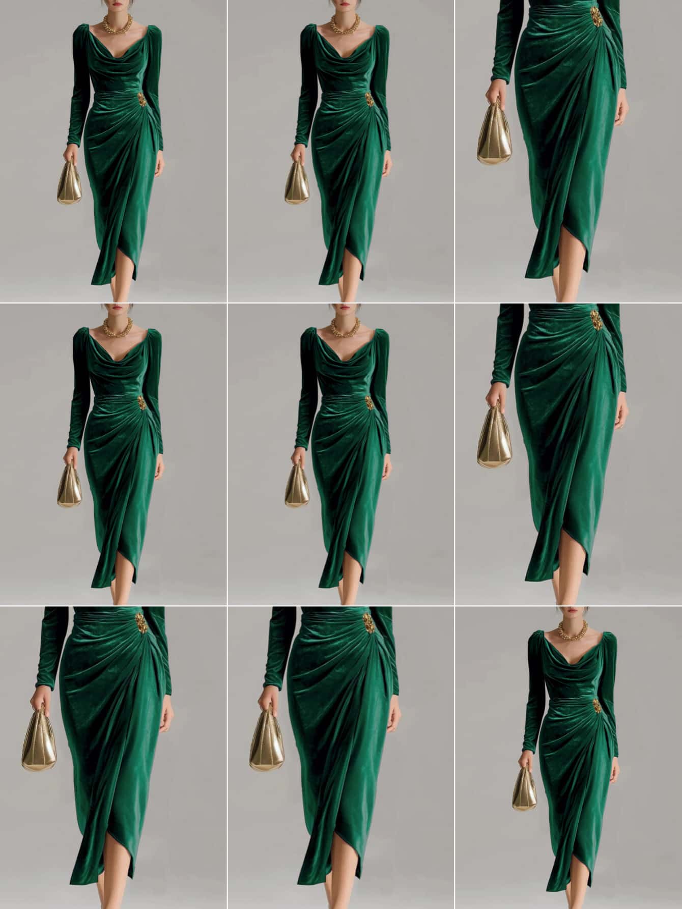 Velvet Midi Dress for Holiday Parties, Deep Brown Cowl Neck Gown with Asymmetric Hem, Stunning Christmas Party Dress with Golden Accent