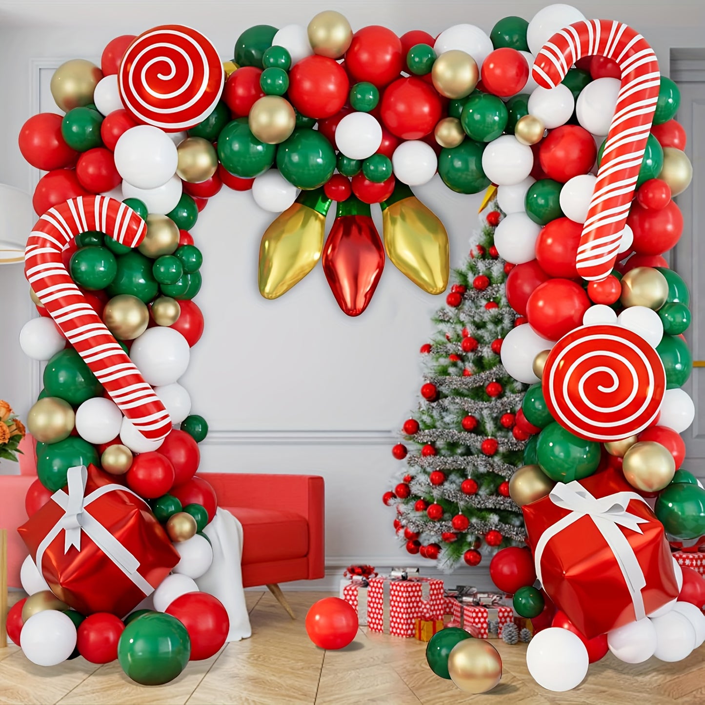 152pcs Christmas Balloon Garland Set for Christmas Party Decoration, Red, White, Green, Golden Latex Balloons, Candy Canes, Gift Boxes, Light Bulbs Foil Balloons, Christmas Party Supplies, Christmas Party Decorations, Holiday