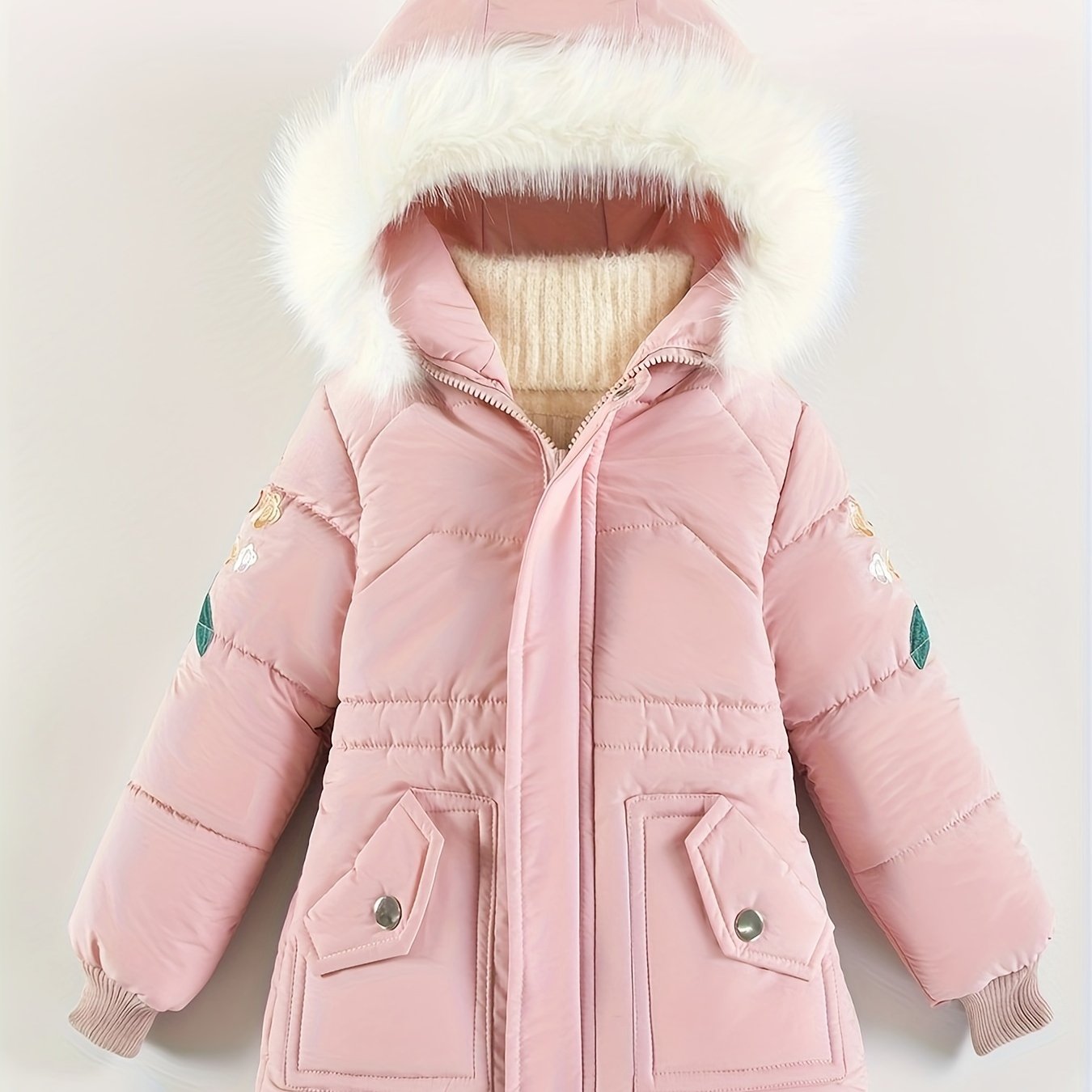 [Pink Winter Parka] Winter Pink Girls' Parka | Thickened Warm Jacket with Faux Fur Hood, Zip-Up Outerwear, Polyester, Machine Washable, 3-7Y, Cozy Youngsters Outerwear, Floral Winter Coat, Plush Lined Comfort